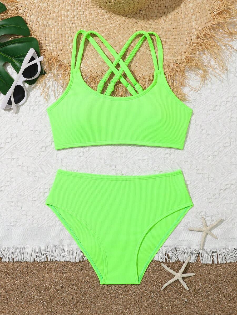 Tween Girls Bikini Sets Orange Summer Modest Activewear Beach Holiday,Knitted Ribbed Two Pieces Swimwear Crisscross Back Tank Top With Briefs Set