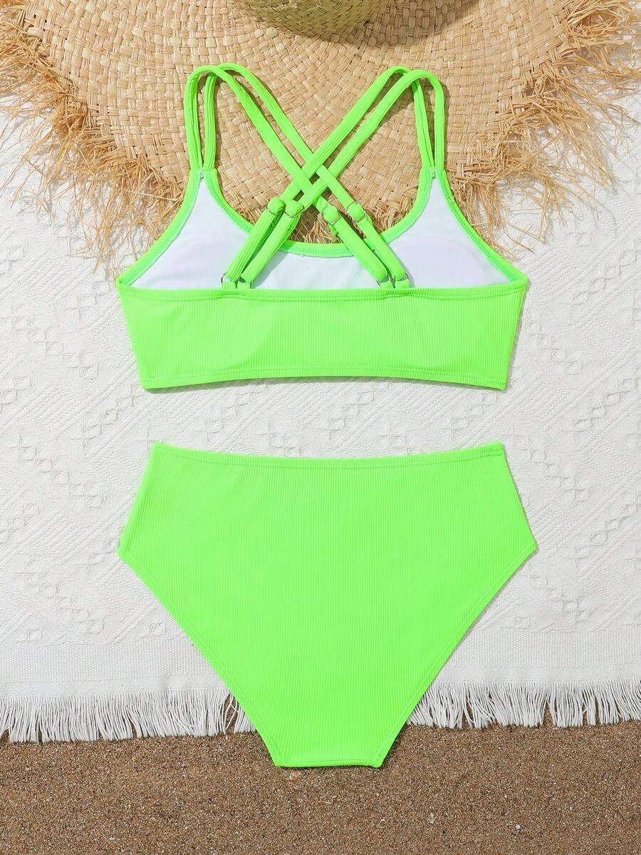 Tween Girls Bikini Sets Orange Summer Modest Activewear Beach Holiday,Knitted Ribbed Two Pieces Swimwear Crisscross Back Tank Top With Briefs Set