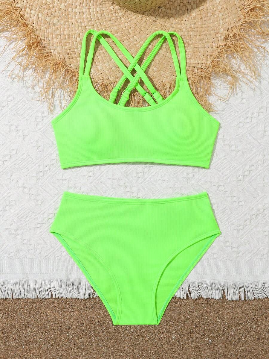 Tween Girls Bikini Sets Orange Summer Modest Activewear Beach Holiday,Knitted Ribbed Two Pieces Swimwear Crisscross Back Tank Top With Briefs Set