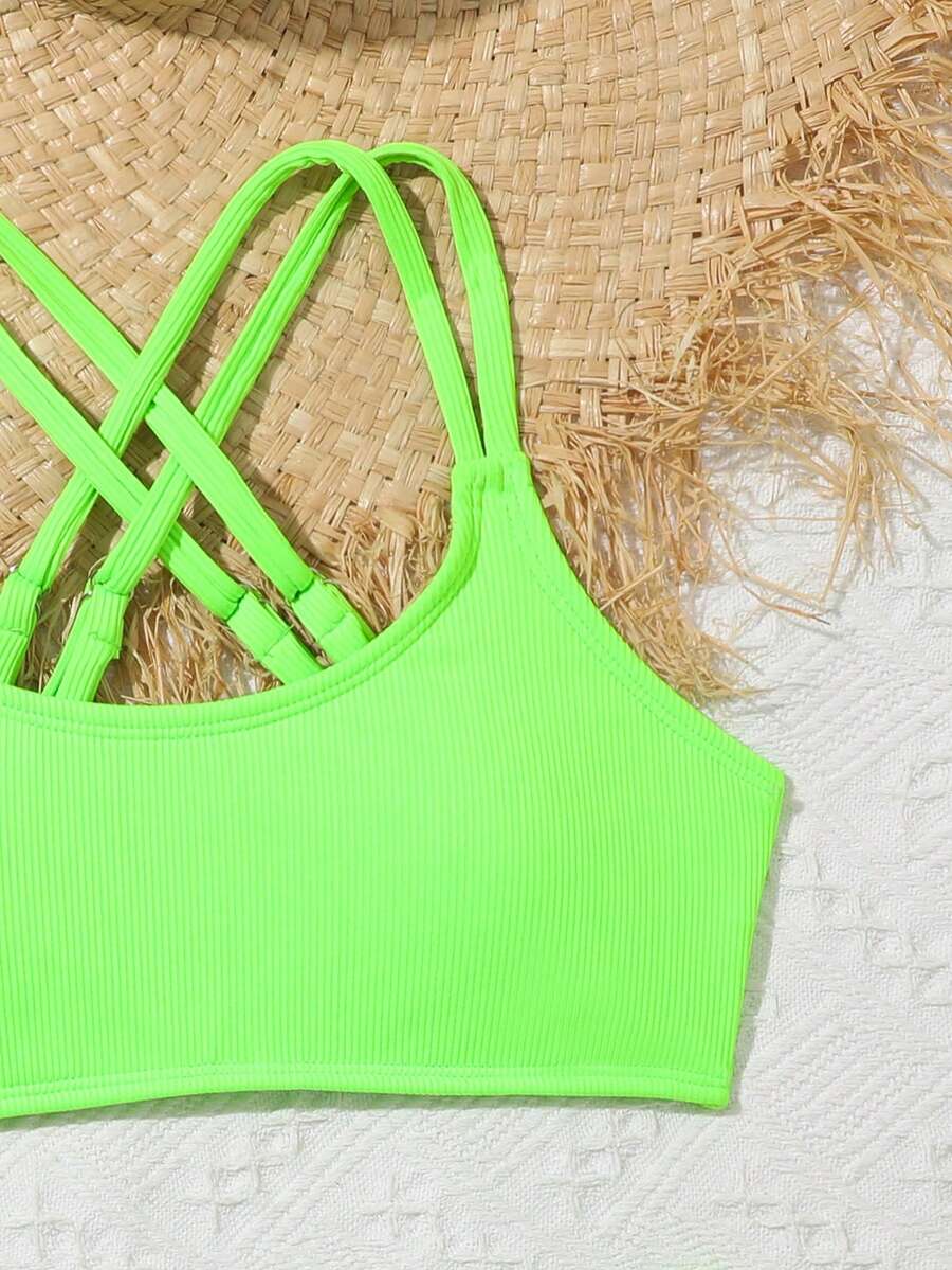 Tween Girls Bikini Sets Orange Summer Modest Activewear Beach Holiday,Knitted Ribbed Two Pieces Swimwear Crisscross Back Tank Top With Briefs Set