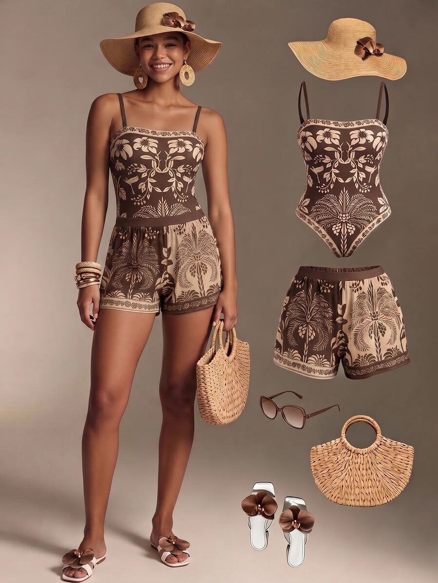 Swim Oasis women's tropical palm tree print army green one-piece swimsuit featuring spaghetti straps, removable padding, and matching shorts for beach vacations.
