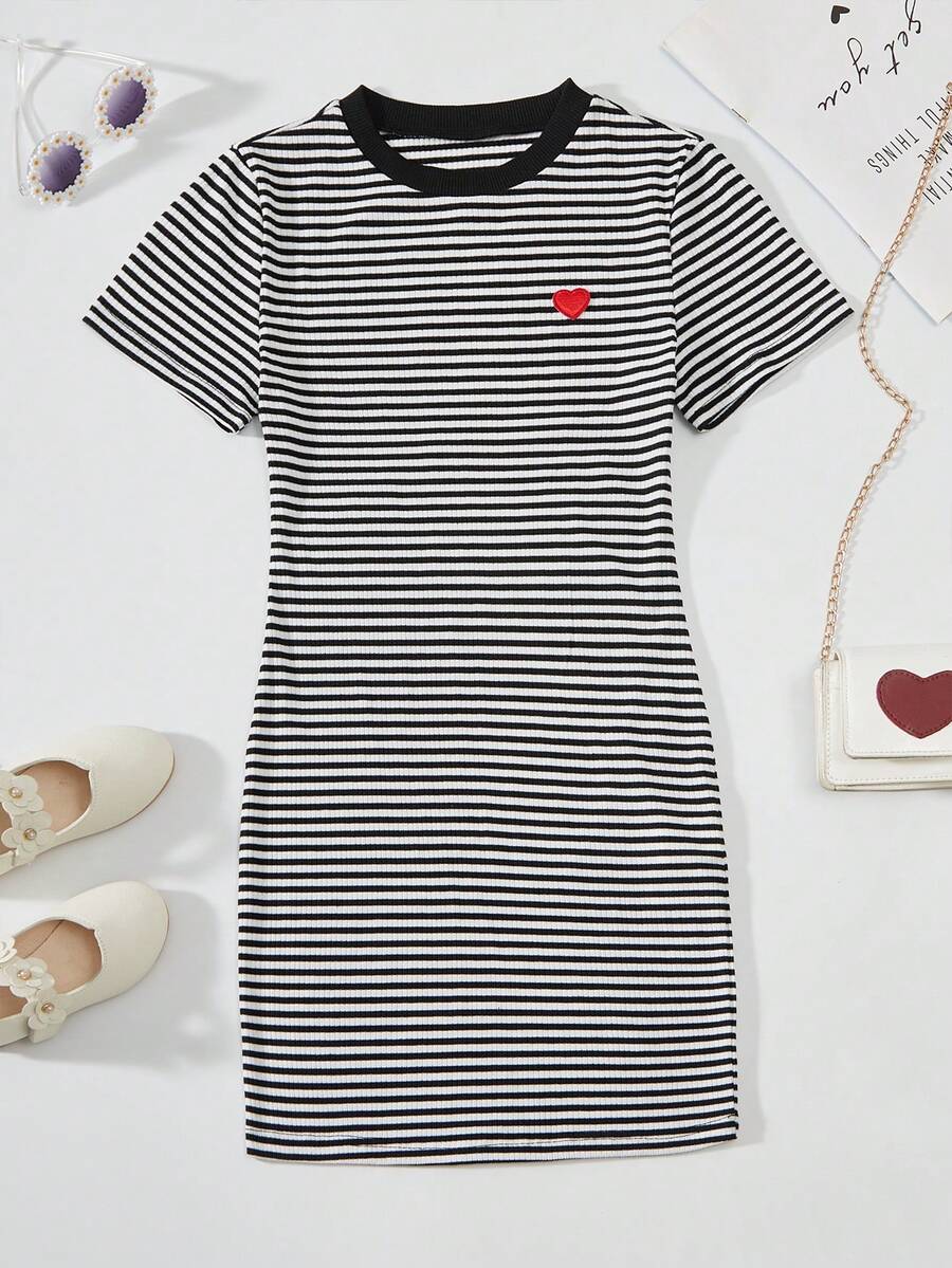 Girls black striped midi dress featuring short sleeves, round neck, slim fit, and flared hem.