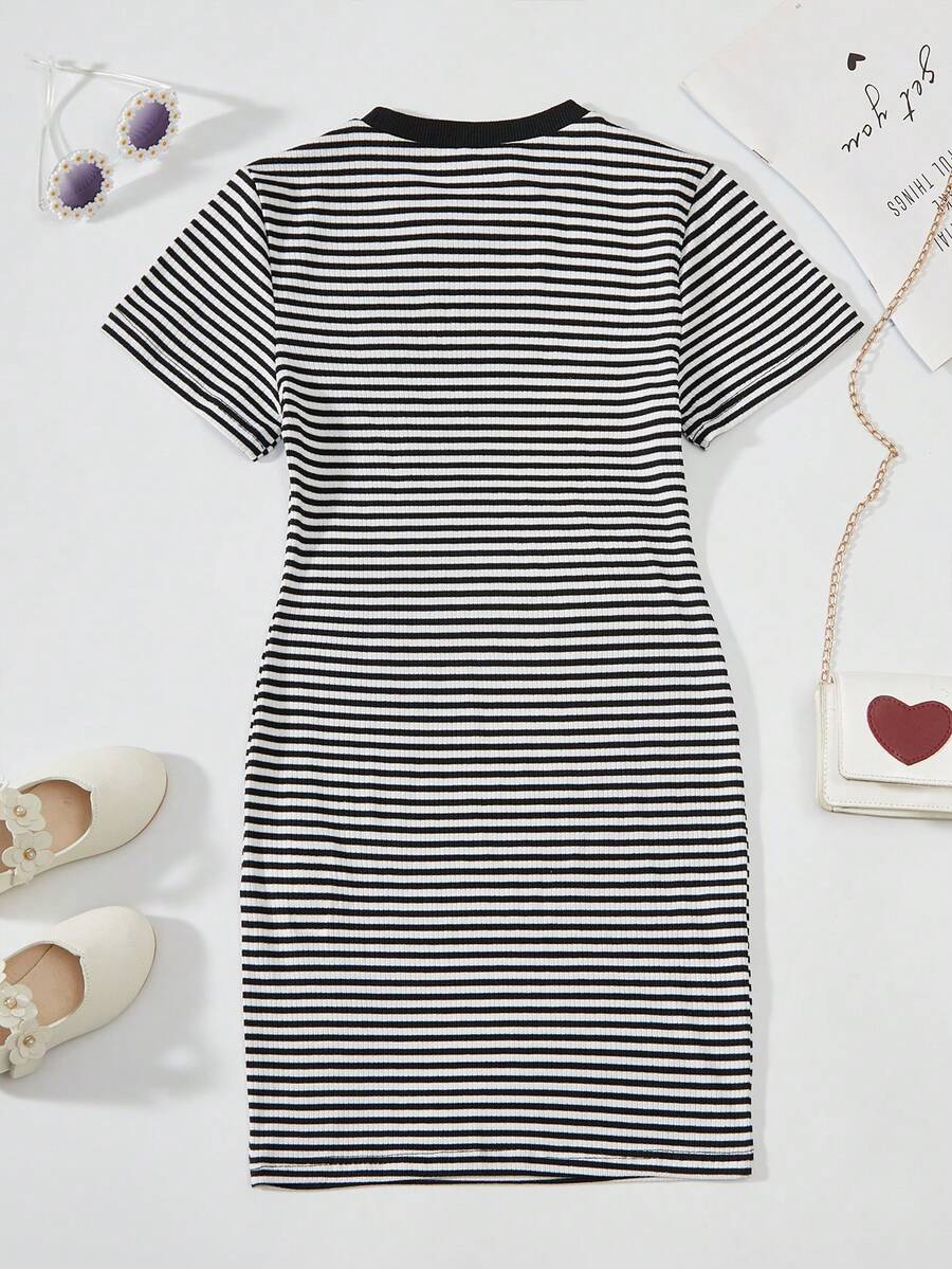 Girls black striped midi dress featuring short sleeves, round neck, slim fit, and flared hem.