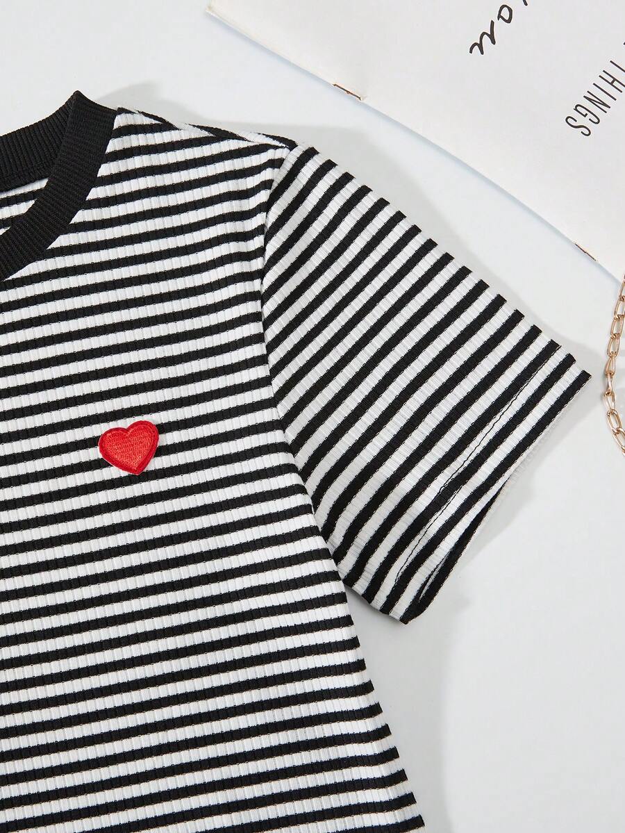 Girls black striped midi dress featuring short sleeves, round neck, slim fit, and flared hem.