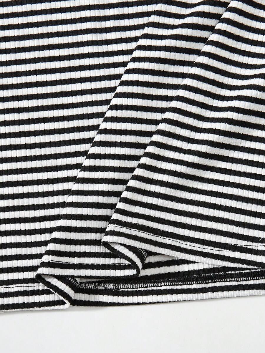 Girls black striped midi dress featuring short sleeves, round neck, slim fit, and flared hem.