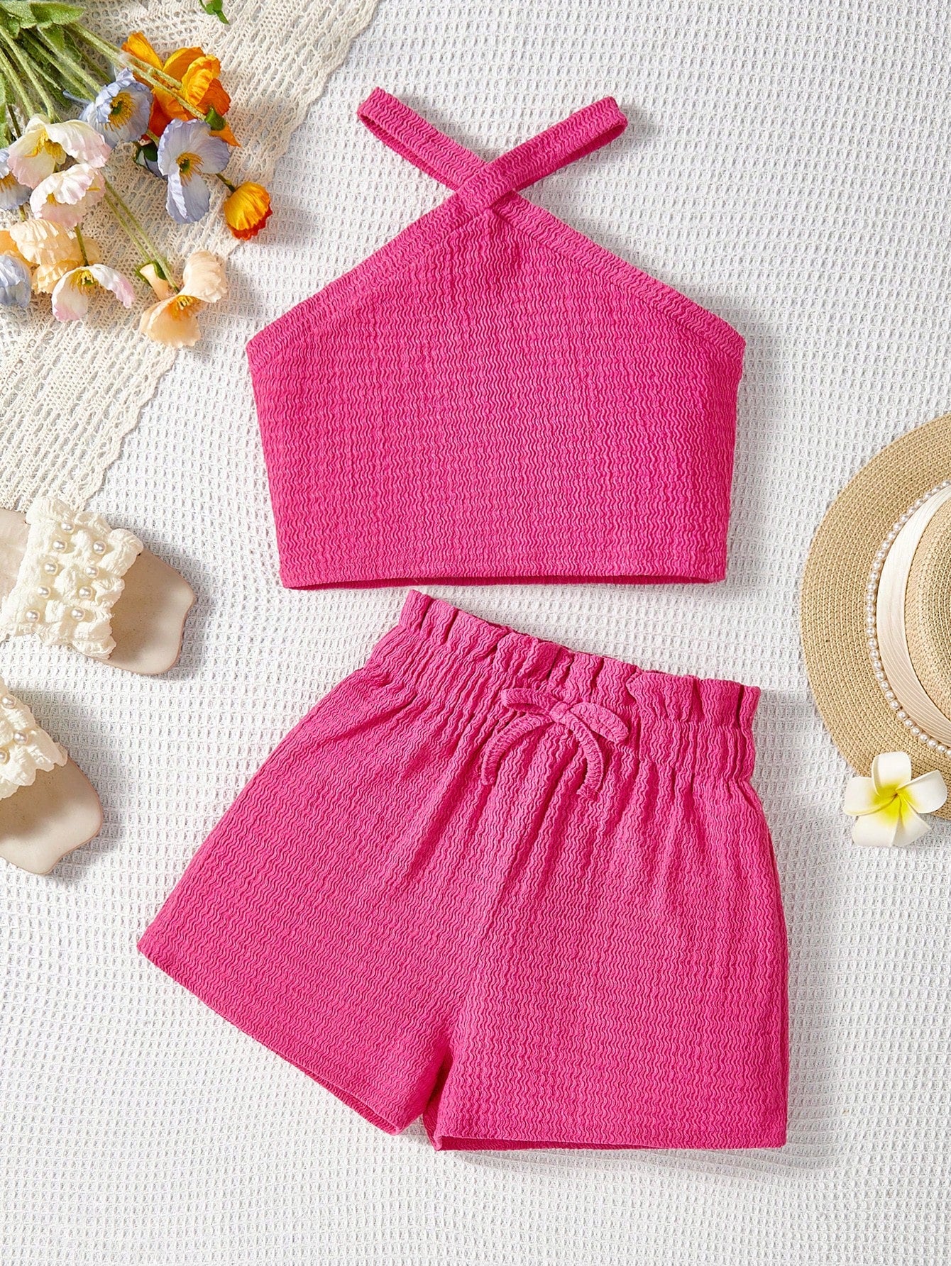 Tween girl 2-piece casual outfit set featuring a solid beige knit halter sleeveless top with belted detail and matching shorts.