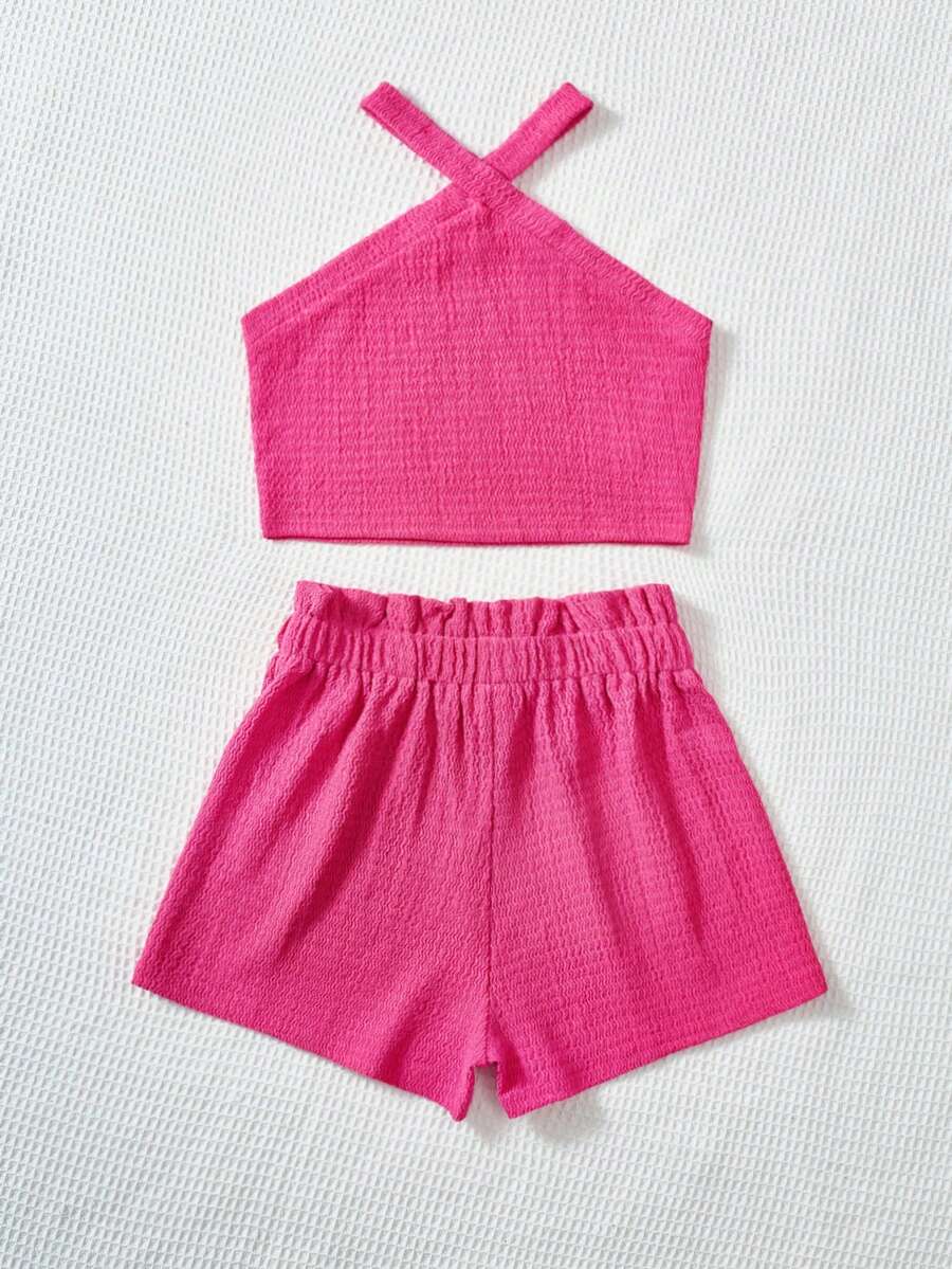 Tween girl 2-piece casual outfit set featuring a solid beige knit halter sleeveless top with belted detail and matching shorts.