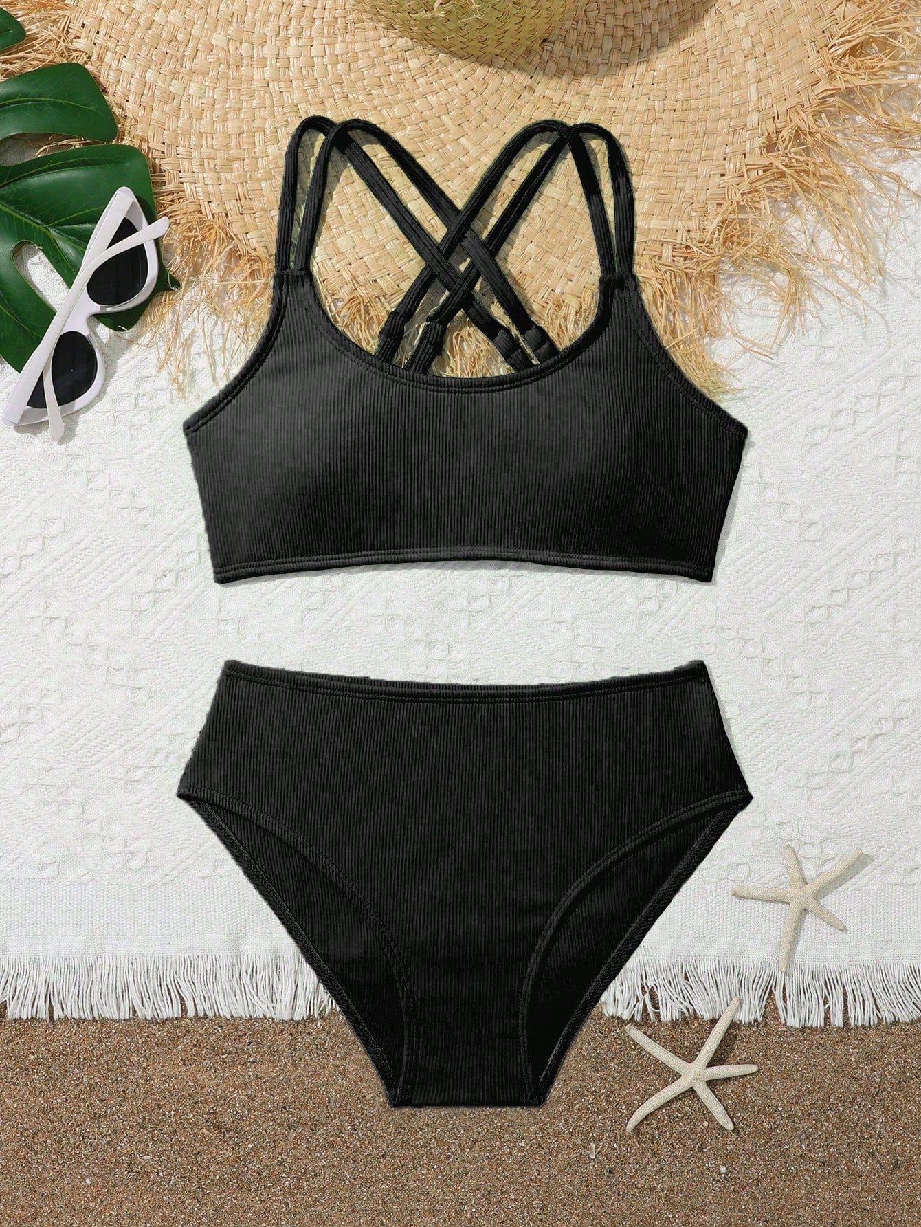 Tween Girls Bikini Sets Orange Summer Modest Activewear Beach Holiday,Knitted Ribbed Two Pieces Swimwear Crisscross Back Tank Top With Briefs Set
