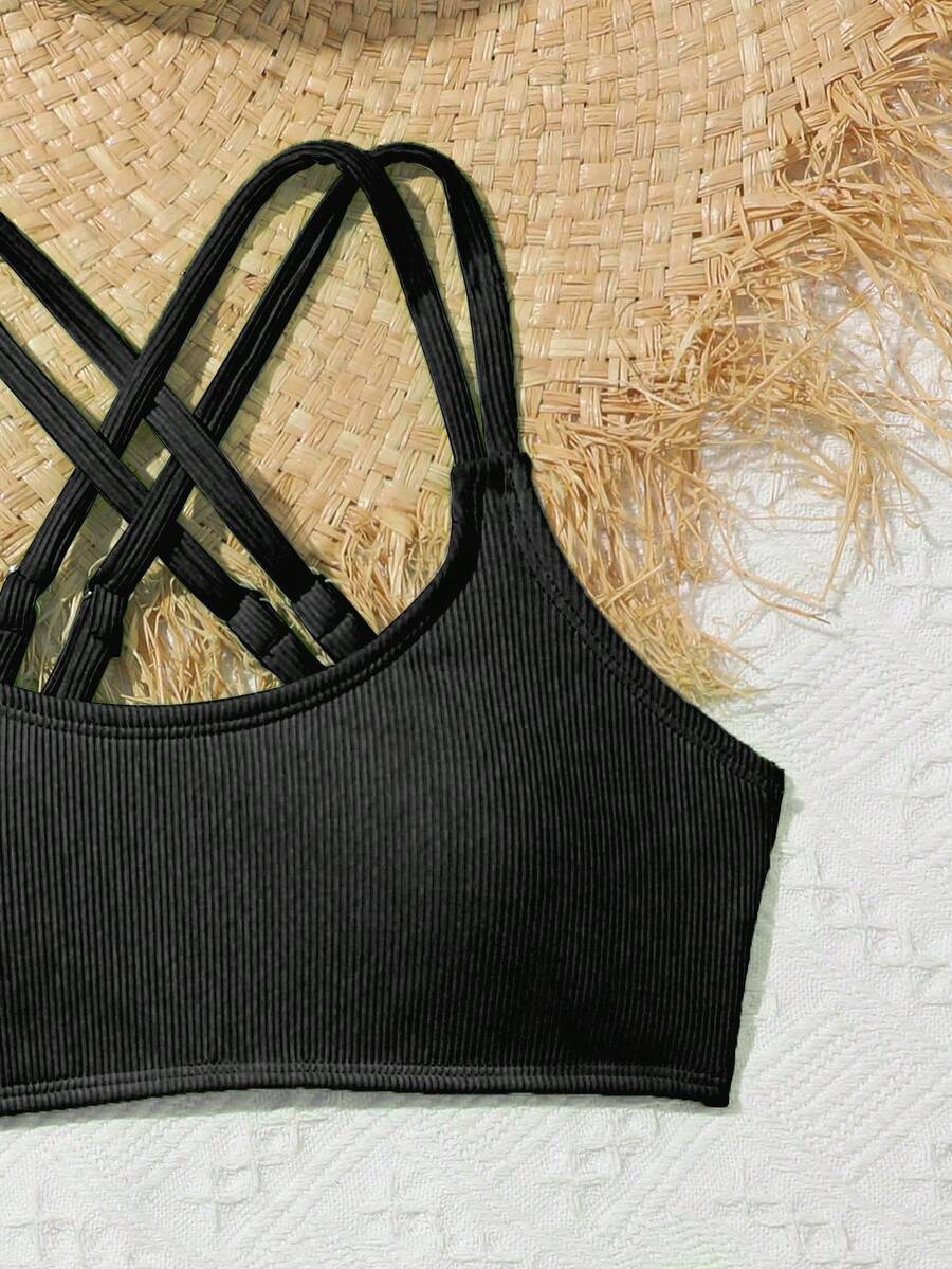 Tween Girls Bikini Sets Orange Summer Modest Activewear Beach Holiday,Knitted Ribbed Two Pieces Swimwear Crisscross Back Tank Top With Briefs Set