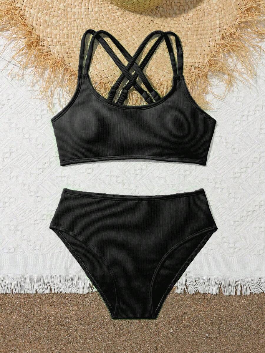 Tween Girls Bikini Sets Orange Summer Modest Activewear Beach Holiday,Knitted Ribbed Two Pieces Swimwear Crisscross Back Tank Top With Briefs Set