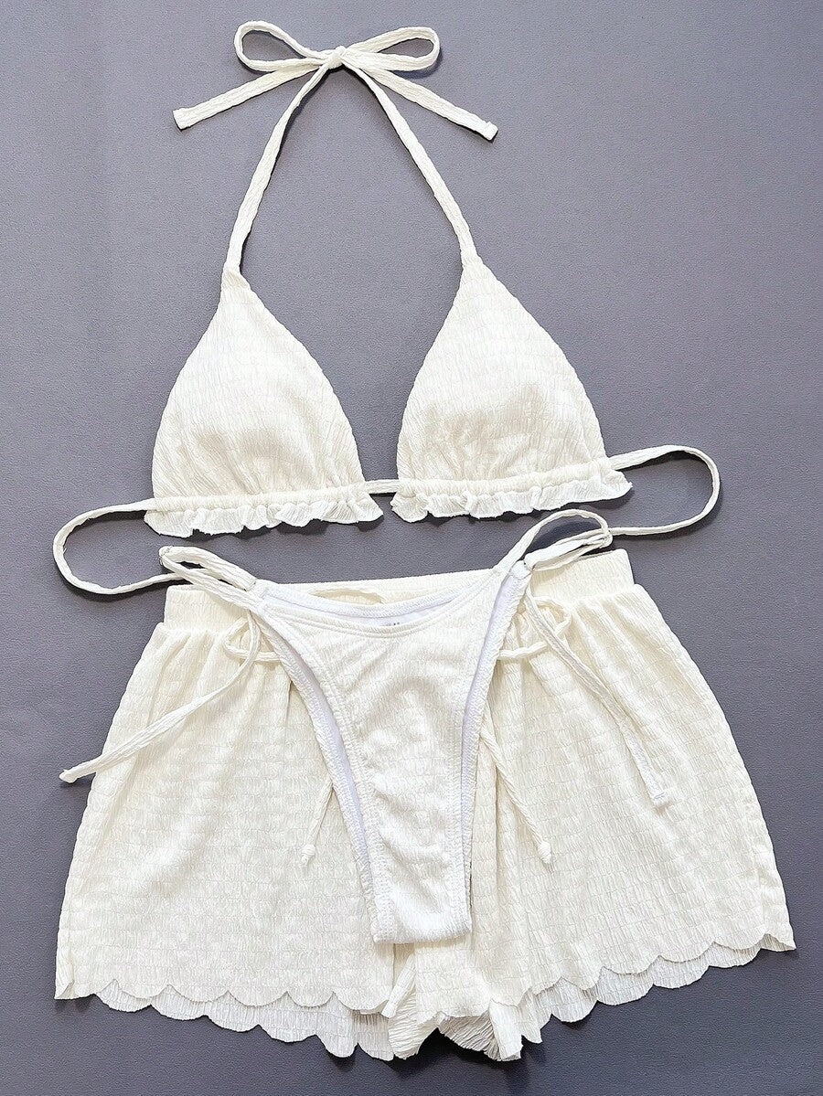 Women's 3-piece frill trim bikini set with halter tie-back top and high waist bottoms.