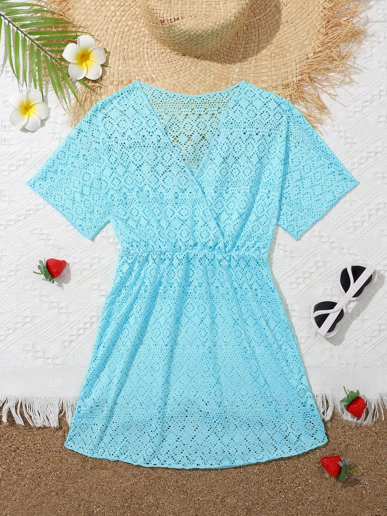 Tween girl solid hollow out cover up with V neck, sheer long silhouette, and short sleeves for beachwear
