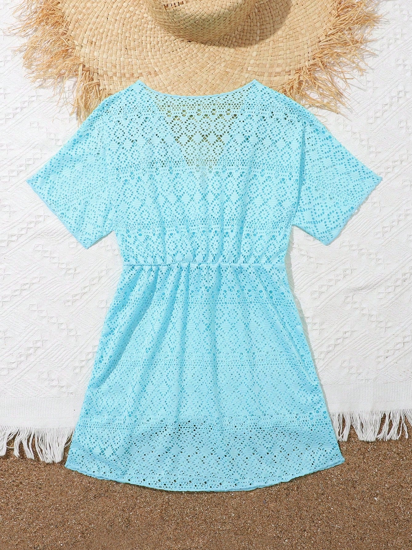 Tween girl solid hollow out cover up with V neck, sheer long silhouette, and short sleeves for beachwear