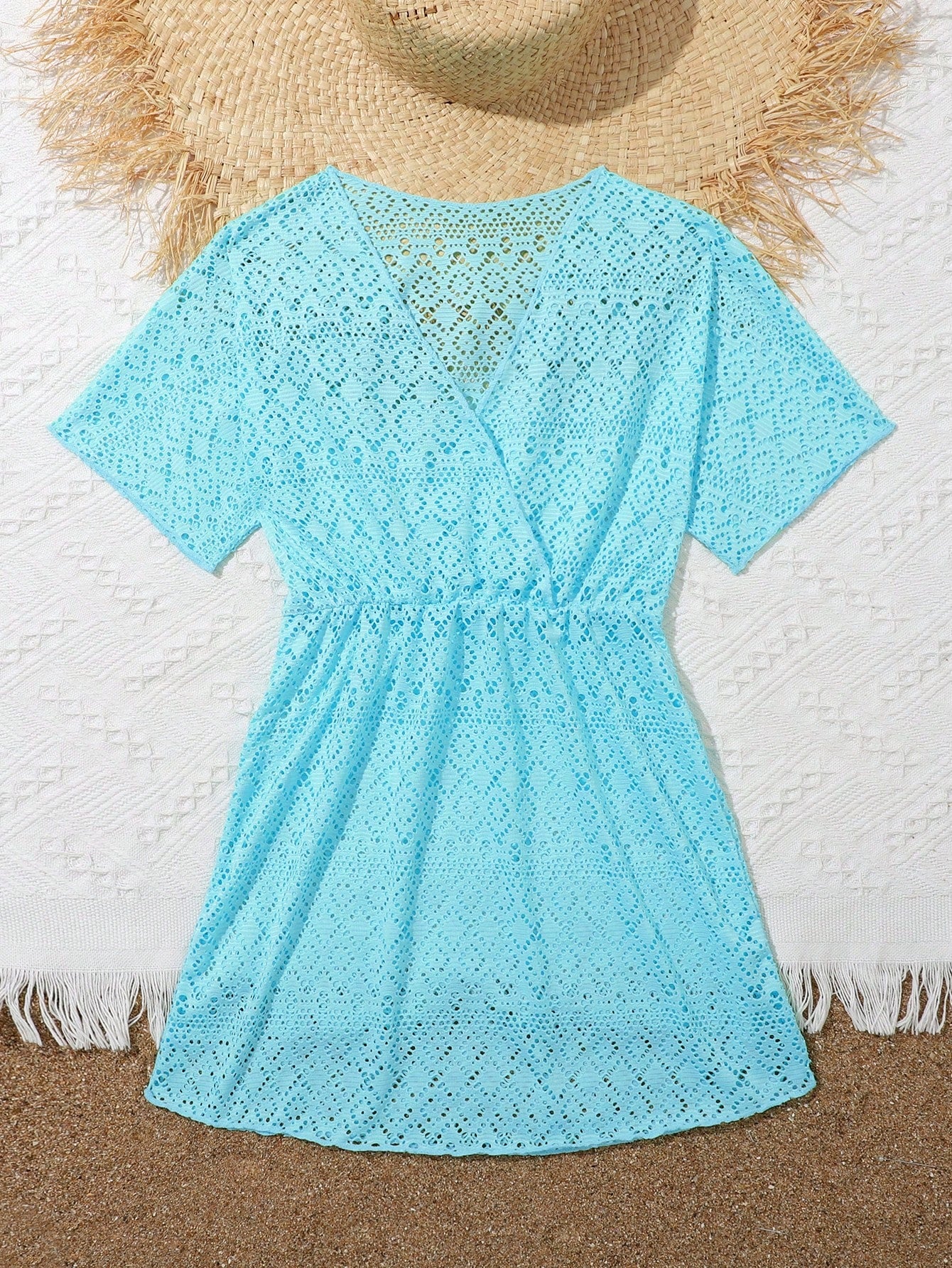 Tween girl solid hollow out cover up with V neck, sheer long silhouette, and short sleeves for beachwear