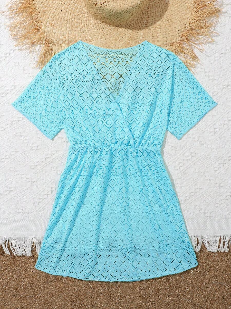 Girls long black beach cover-up dress with V-neck, short sleeves, sheer polyester fabric, contrast sequin detail, and zipper