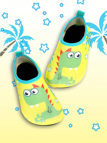 Multicolor cartoon dinosaur kids water shoes with breathable slip-on design and non-slip rubber outsole for boys.
