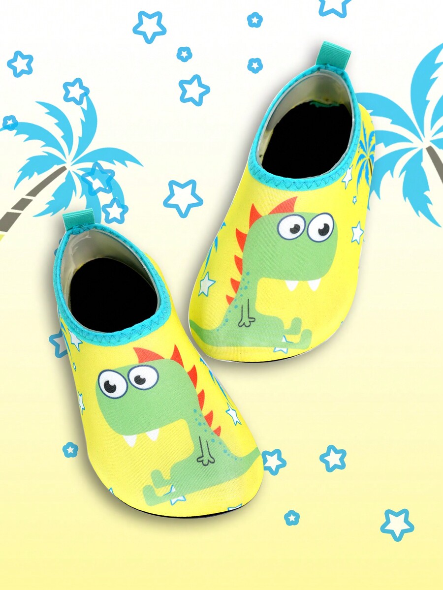 Multicolor cartoon dinosaur kids water shoes with breathable slip-on design and non-slip rubber outsole for boys.