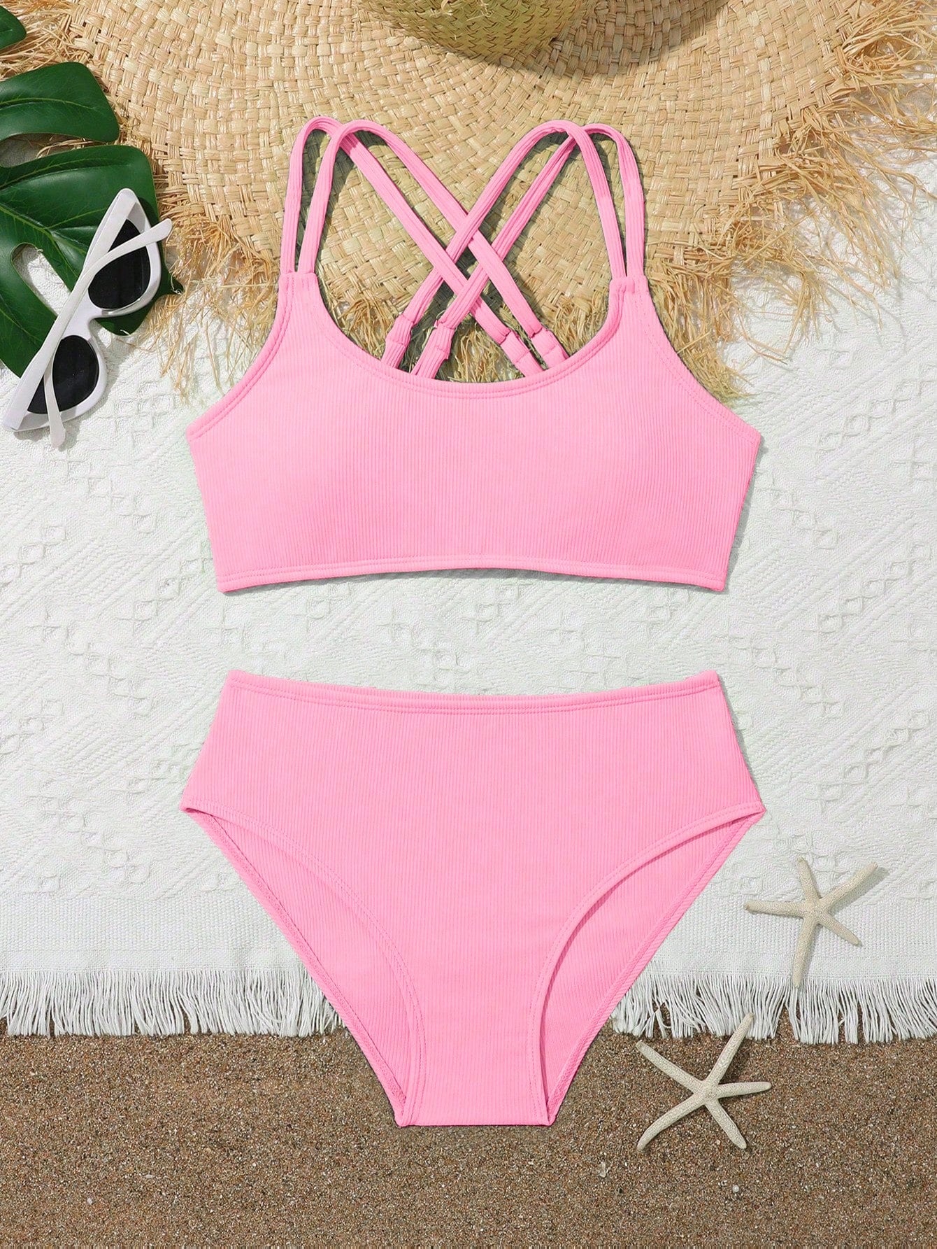 Tween Girls Bikini Sets Orange Summer Modest Activewear Beach Holiday,Knitted Ribbed Two Pieces Swimwear Crisscross Back Tank Top With Briefs Set