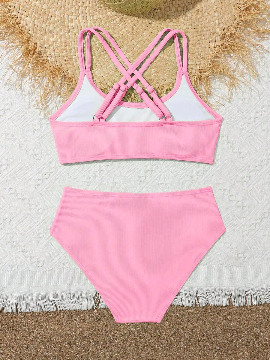 Tween Girls Bikini Sets Orange Summer Modest Activewear Beach Holiday,Knitted Ribbed Two Pieces Swimwear Crisscross Back Tank Top With Briefs Set