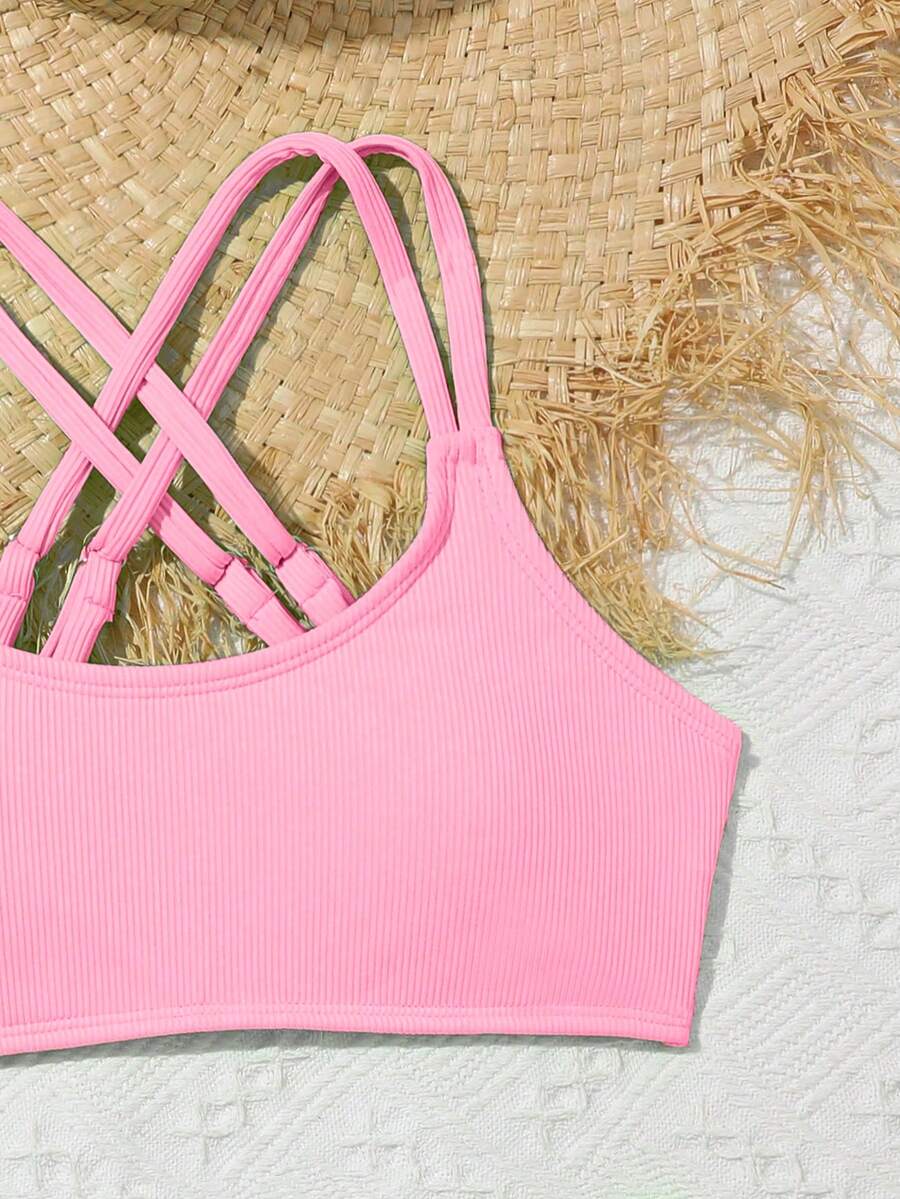 Tween Girls Bikini Sets Orange Summer Modest Activewear Beach Holiday,Knitted Ribbed Two Pieces Swimwear Crisscross Back Tank Top With Briefs Set