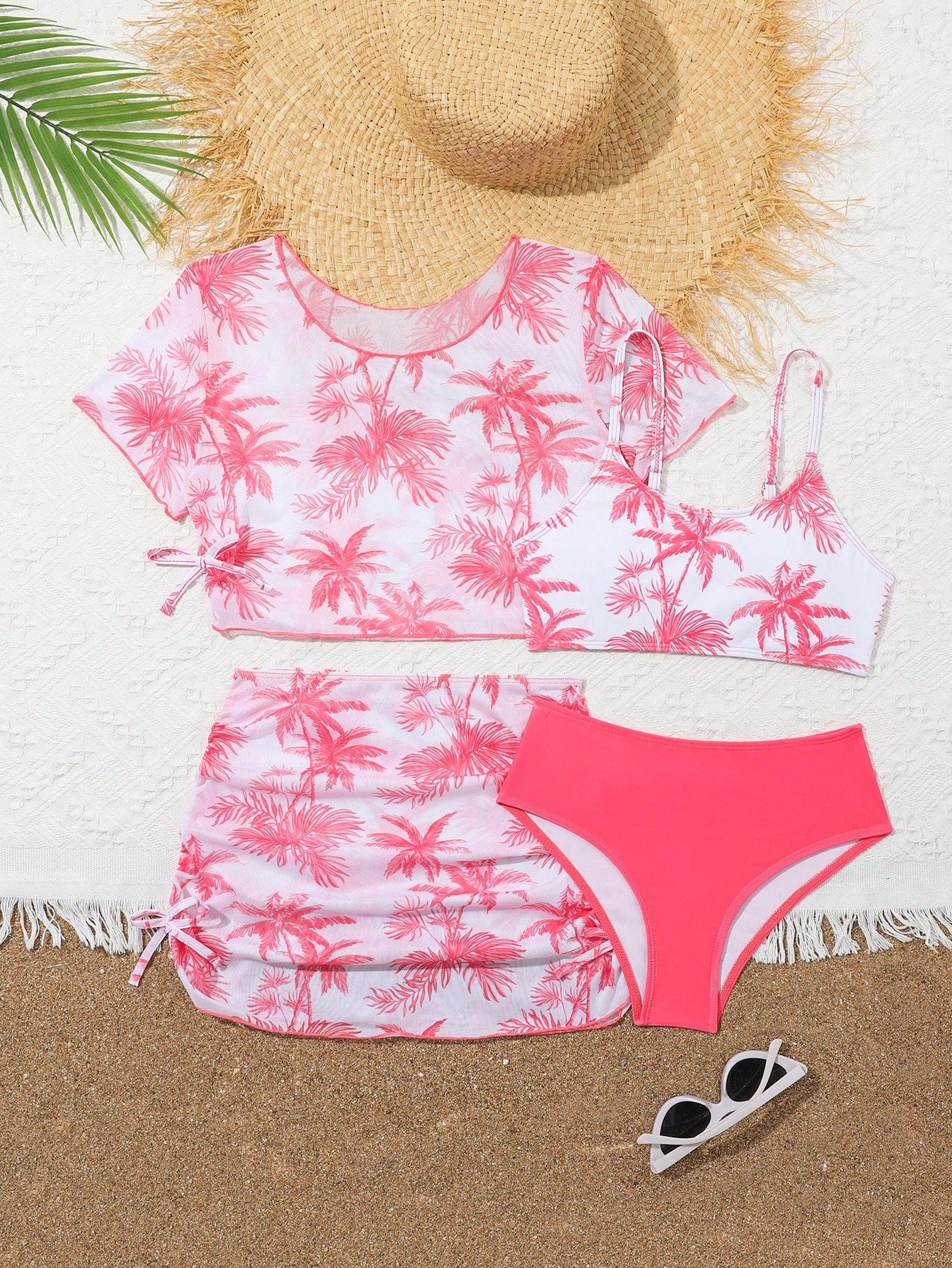 Tween girls 4-piece boho butterfly print bikini set in blue featuring spaghetti strap top, mid waist bottoms, and matching cover-up skirt.