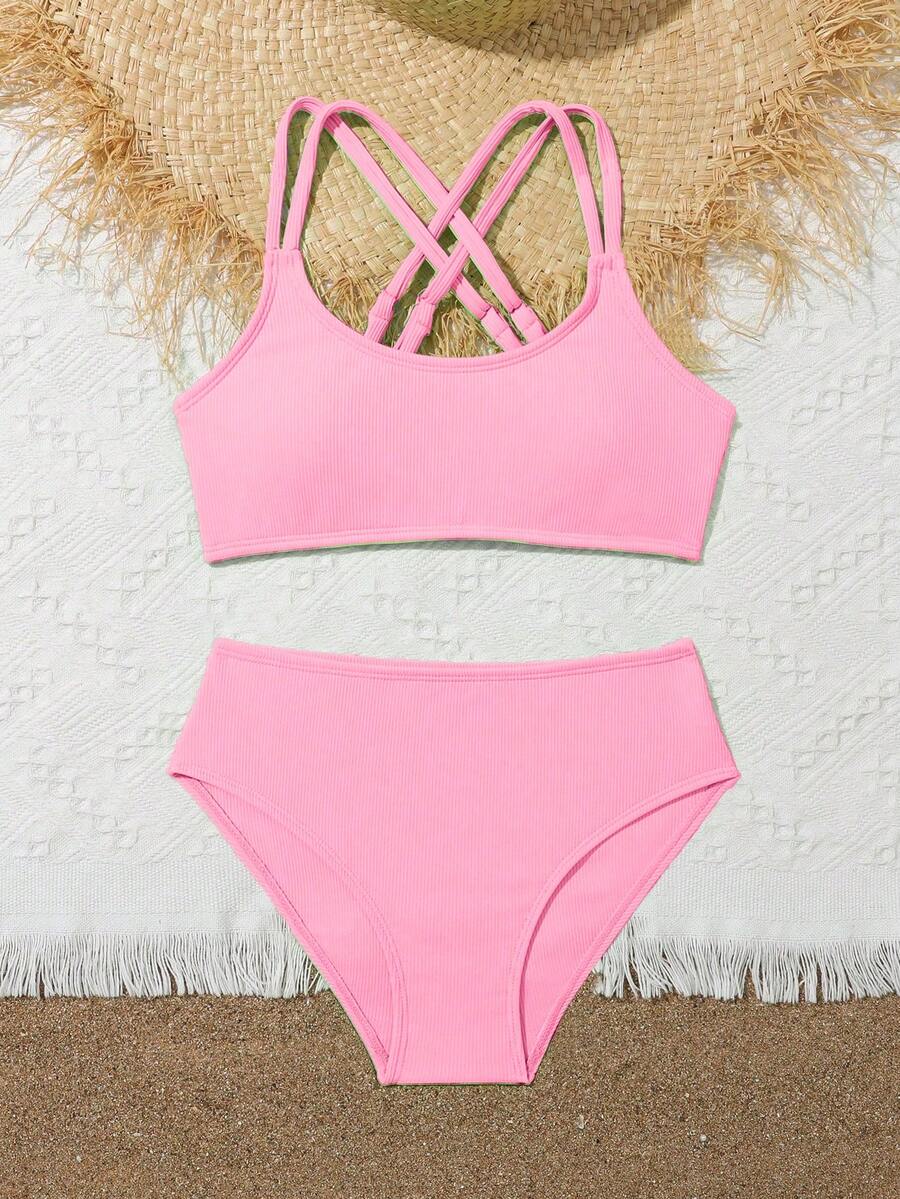 Tween Girls Bikini Sets Orange Summer Modest Activewear Beach Holiday,Knitted Ribbed Two Pieces Swimwear Crisscross Back Tank Top With Briefs Set
