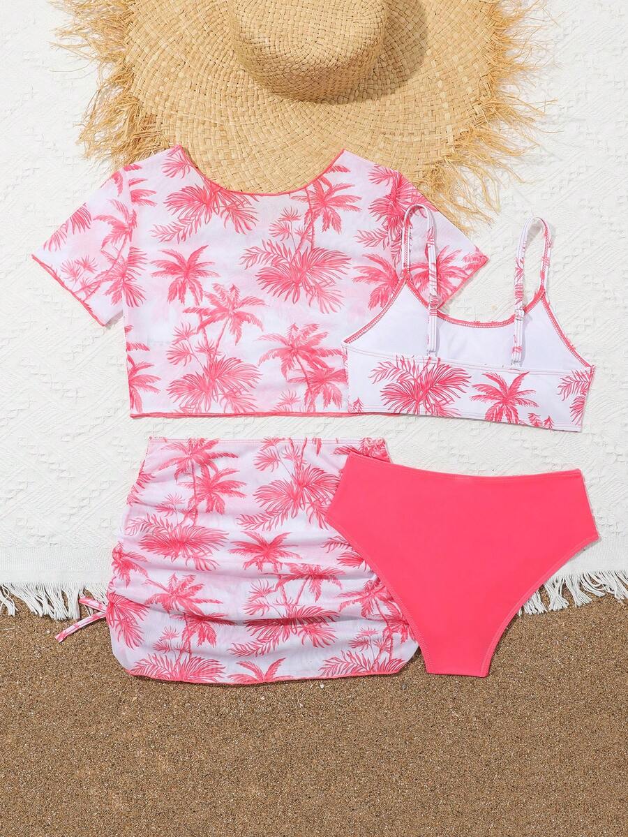 Tween girls 4-piece boho butterfly print bikini set in blue featuring spaghetti strap top, mid waist bottoms, and matching cover-up skirt.