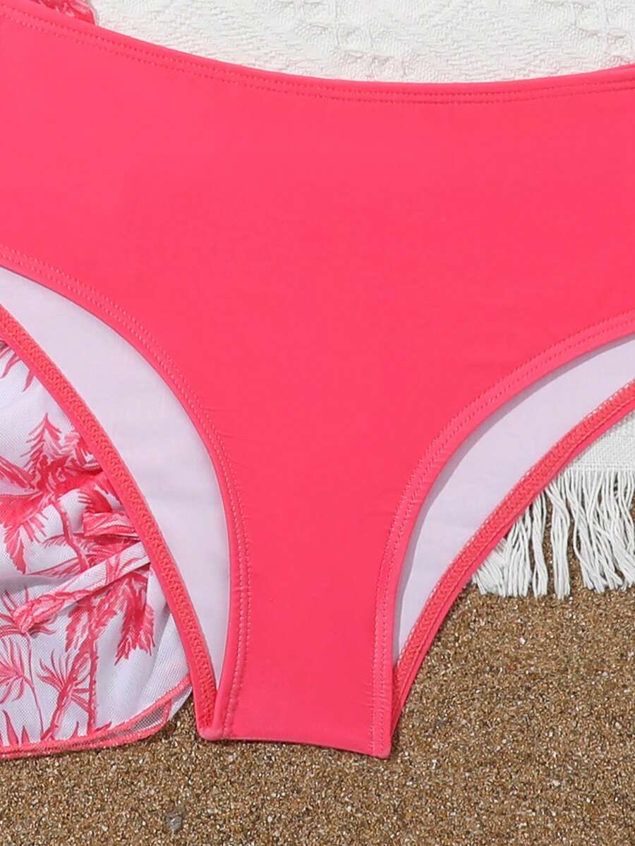 Tween girls 4-piece boho butterfly print bikini set in blue featuring spaghetti strap top, mid waist bottoms, and matching cover-up skirt.