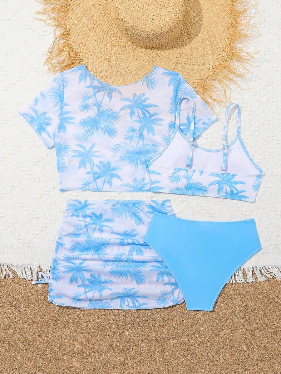Tween girls 4-piece boho butterfly print bikini set in blue featuring spaghetti strap top, mid waist bottoms, and matching cover-up skirt.