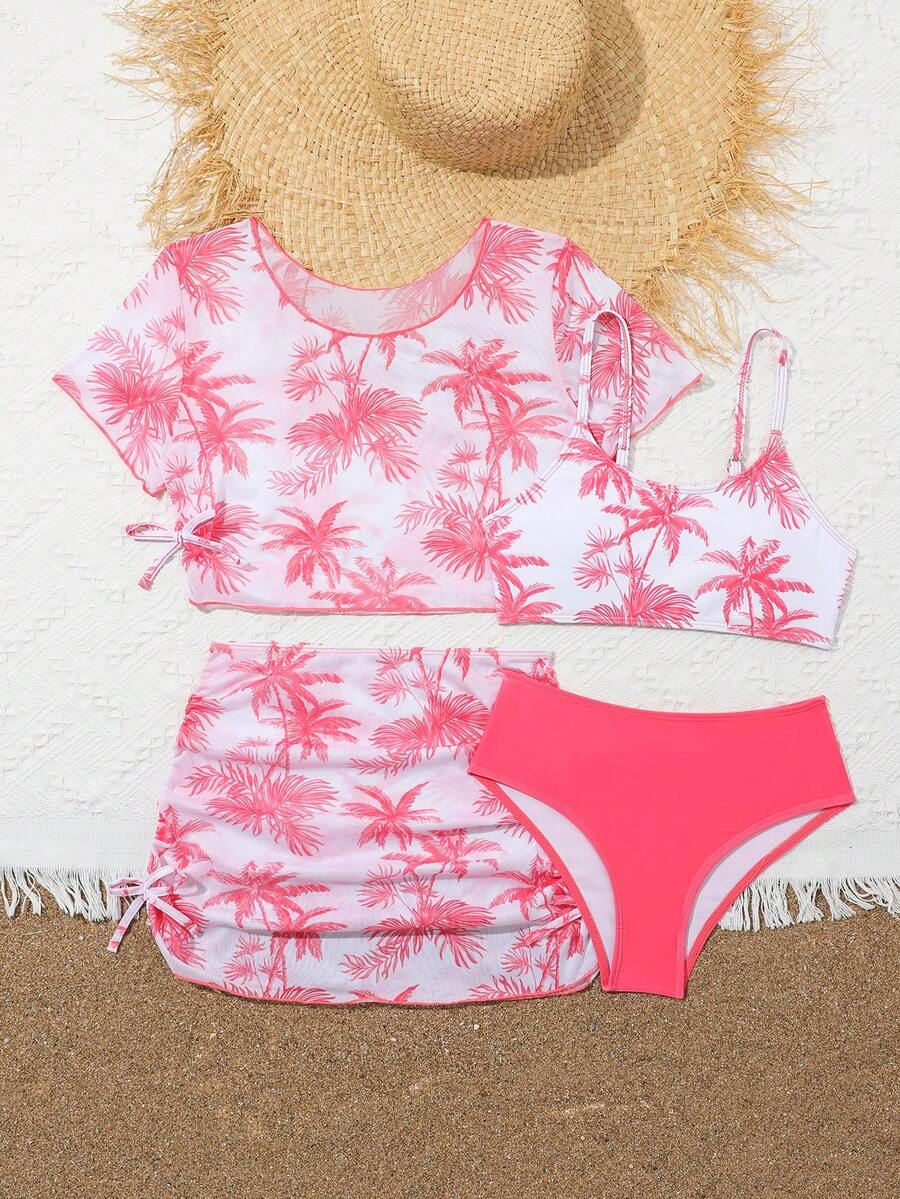 Tween girls 4-piece boho butterfly print bikini set in blue featuring spaghetti strap top, mid waist bottoms, and matching cover-up skirt.