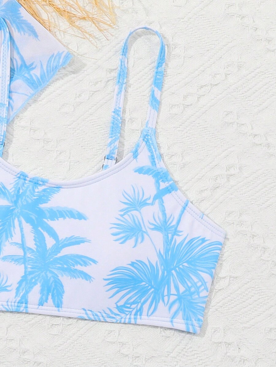 Tween girls 4-piece boho butterfly print bikini set in blue featuring spaghetti strap top, mid waist bottoms, and matching cover-up skirt.