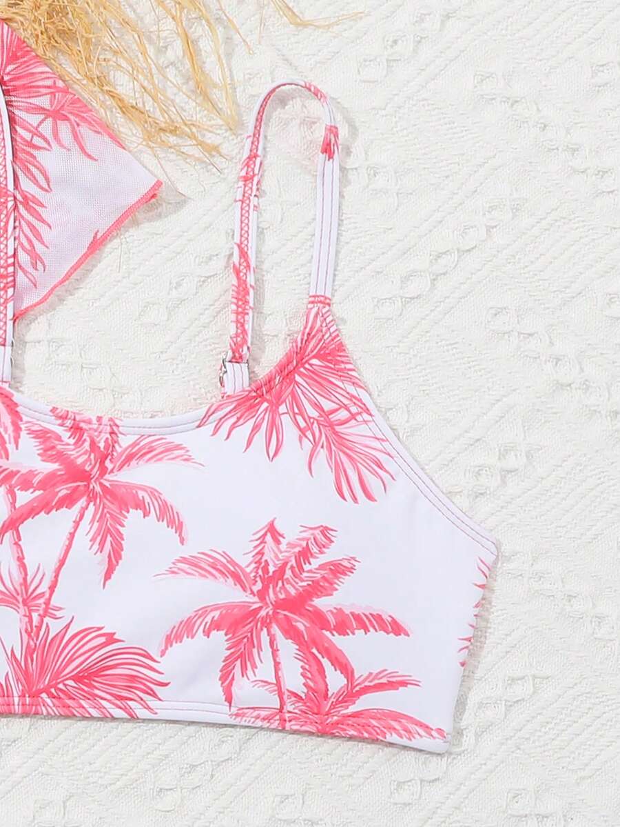Tween girls 4-piece boho butterfly print bikini set in blue featuring spaghetti strap top, mid waist bottoms, and matching cover-up skirt.