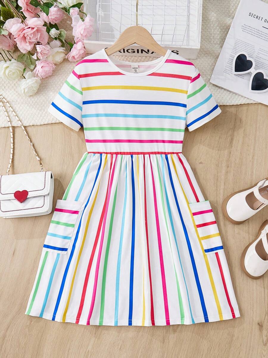 Tween girls casual colorblock short sleeve dress featuring a round neck, high waist flared hem, and button-front details.