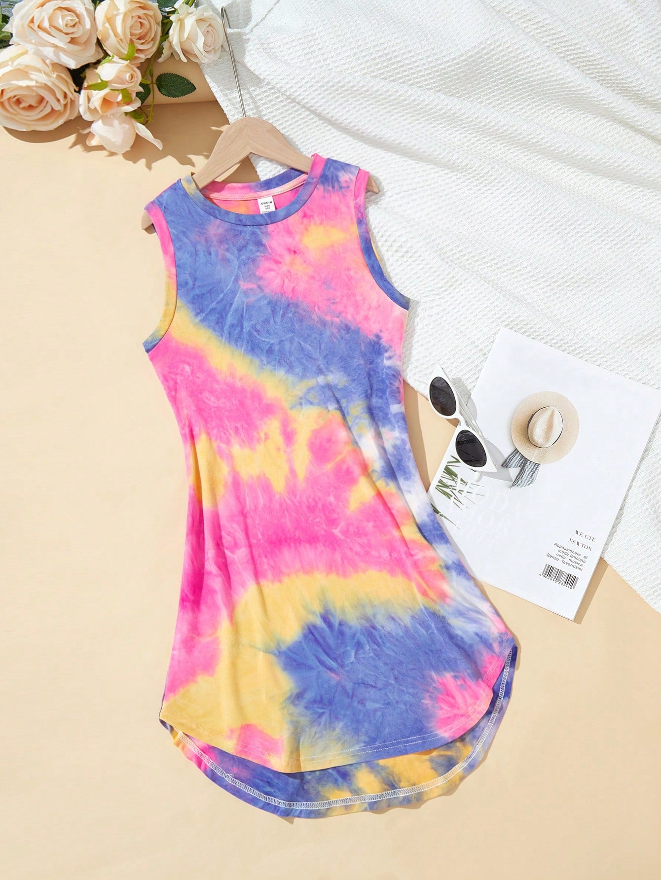 Tween girls sleeveless tie-dye tank dress with round neck, loose fit, short length, and asymmetrical hem in a casual streetwear style