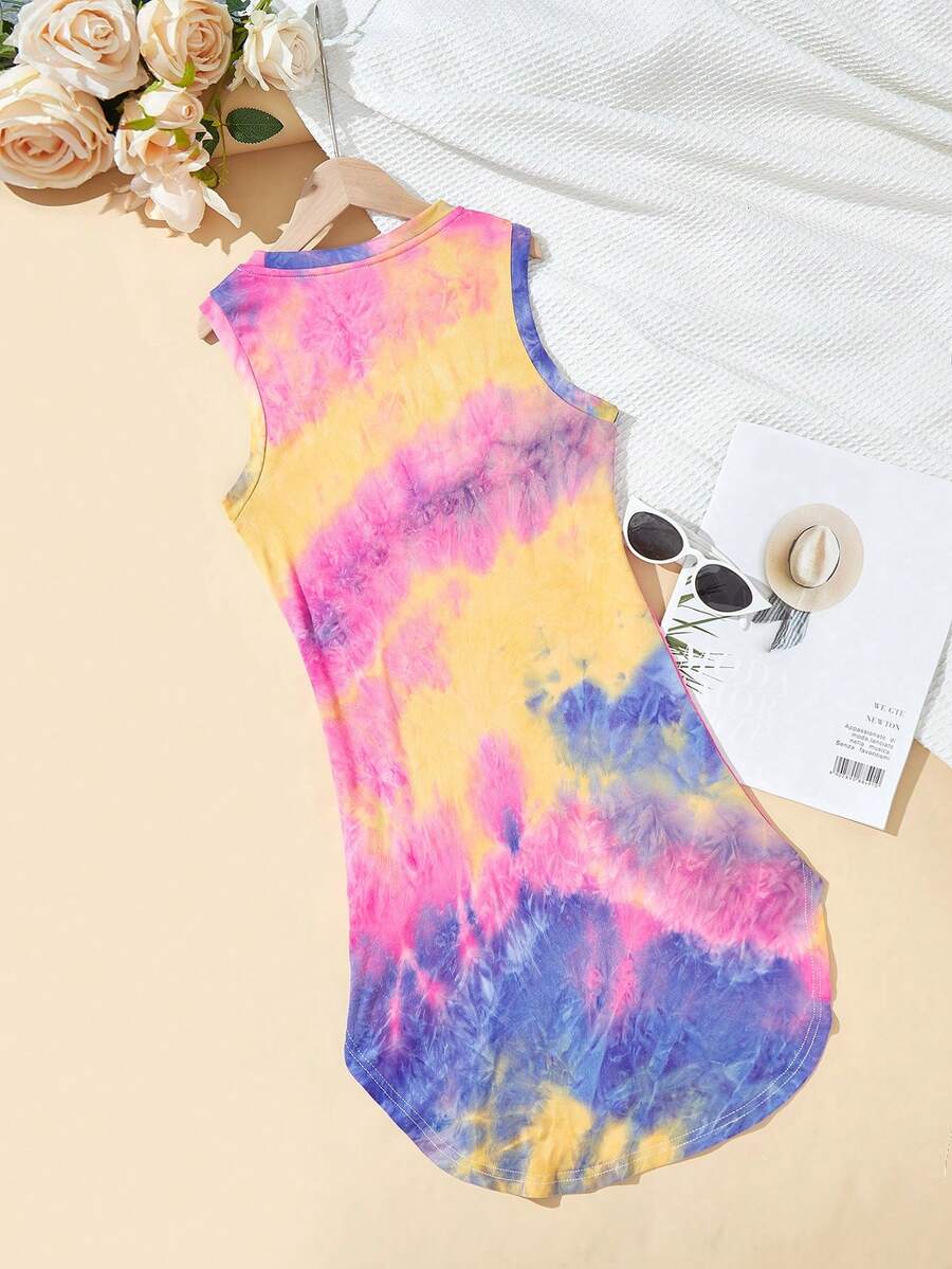 Tween girls sleeveless tie-dye tank dress with round neck, loose fit, short length, and asymmetrical hem in a casual streetwear style