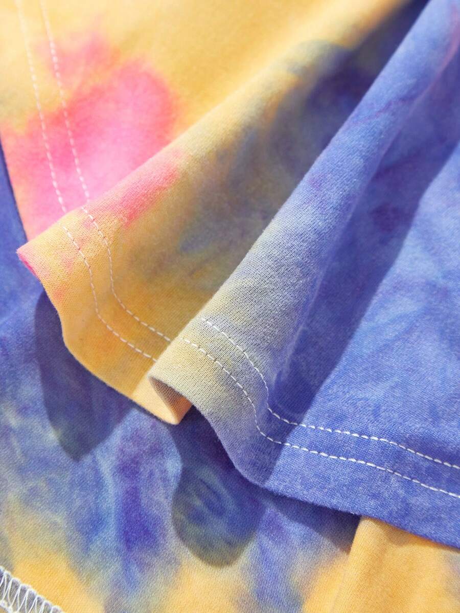Tween girls sleeveless tie-dye tank dress with round neck, loose fit, short length, and asymmetrical hem in a casual streetwear style