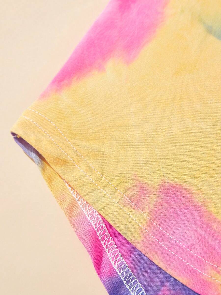 Tween girls sleeveless tie-dye tank dress with round neck, loose fit, short length, and asymmetrical hem in a casual streetwear style