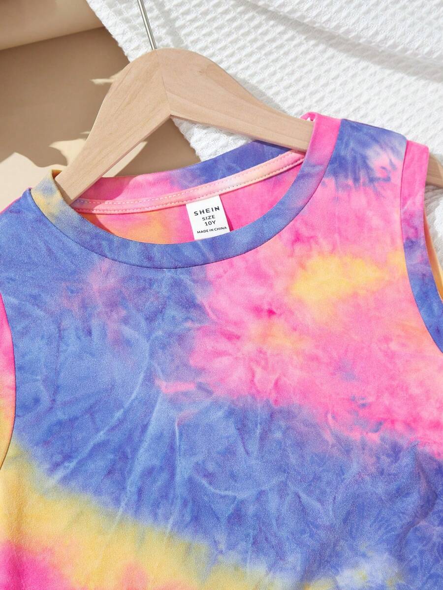 Tween girls sleeveless tie-dye tank dress with round neck, loose fit, short length, and asymmetrical hem in a casual streetwear style