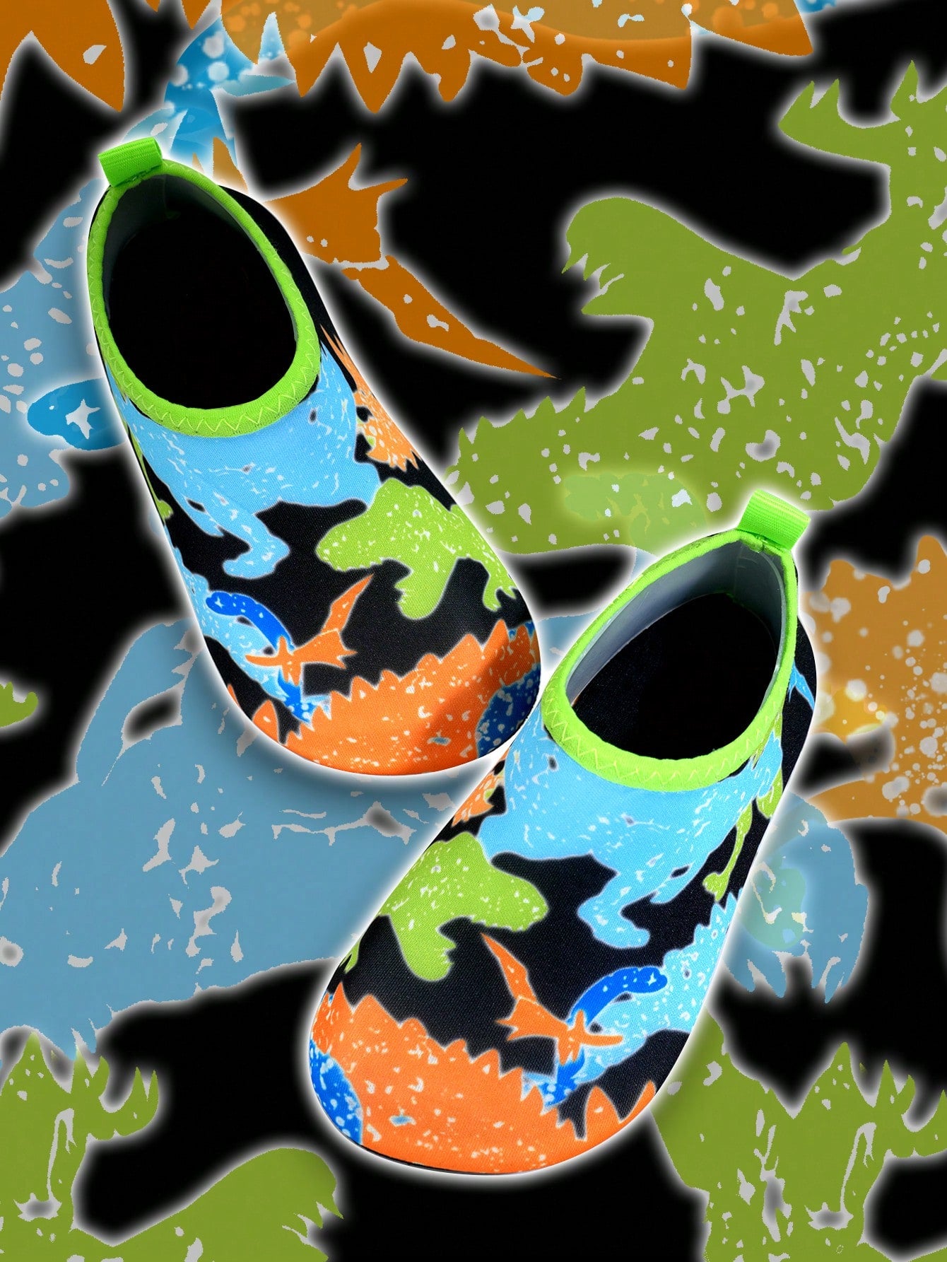 Multicolor cartoon pattern boys' aqua socks with breathable polyester upper, slip-on closure, and non-slip TPR outsole.