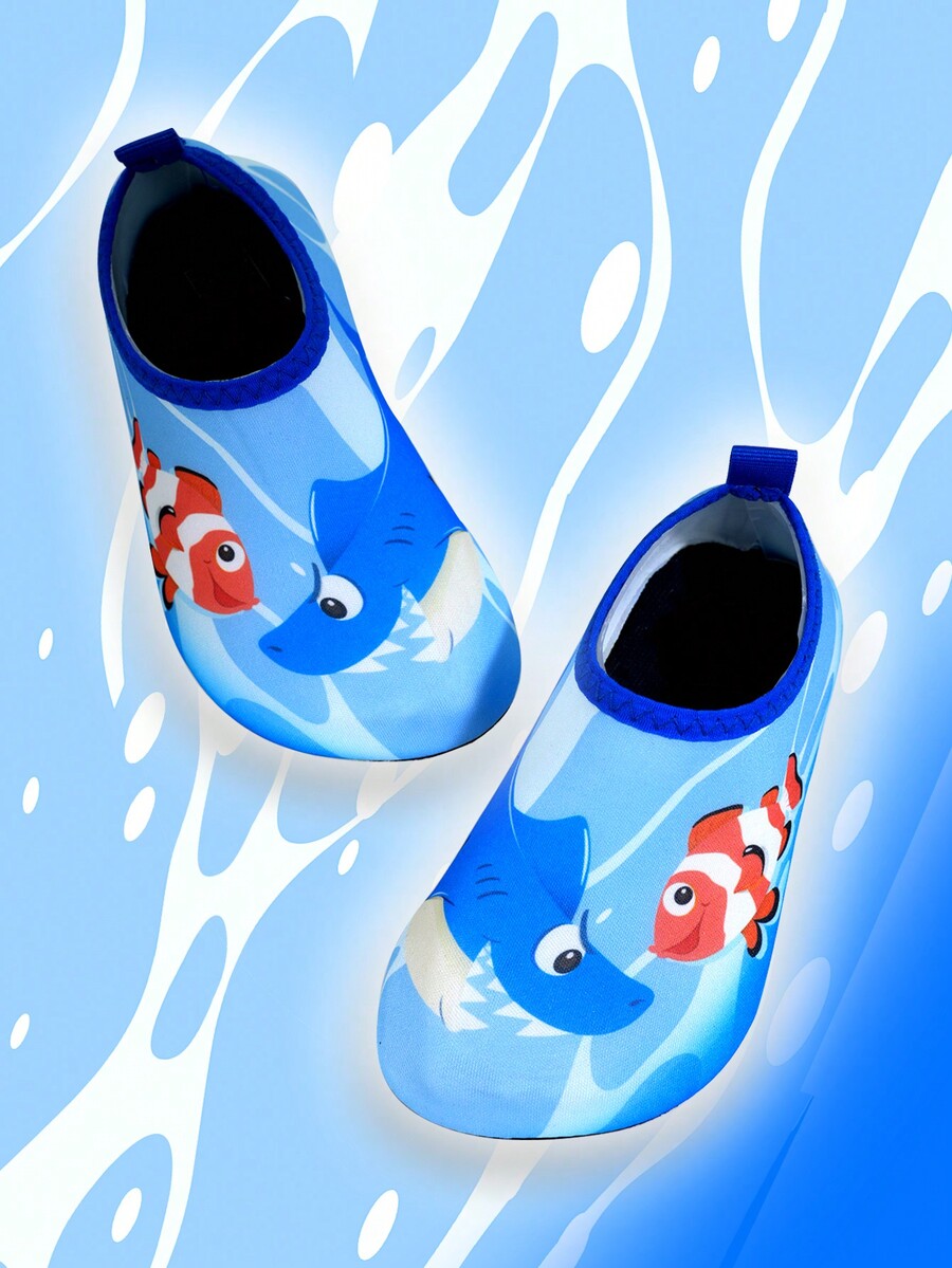 Multicolor cartoon pattern boys' aqua socks with breathable polyester upper, slip-on closure, and non-slip TPR outsole.