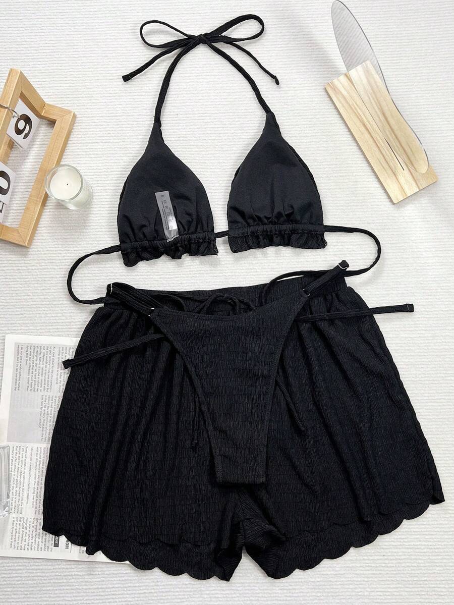 Women's 3-piece frill trim bikini set with halter tie-back top and high waist bottoms.