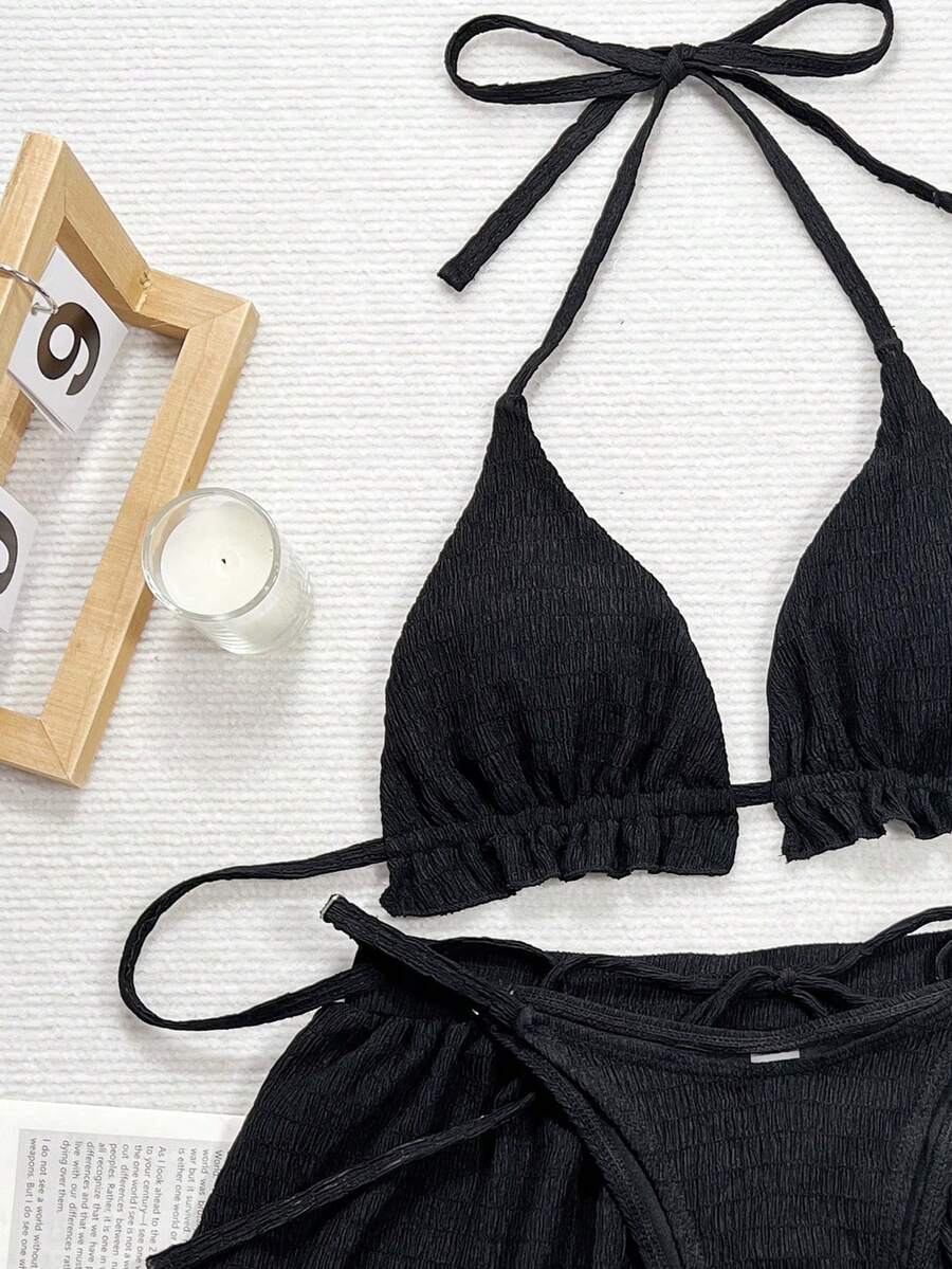 Women's 3-piece frill trim bikini set with halter tie-back top and high waist bottoms.
