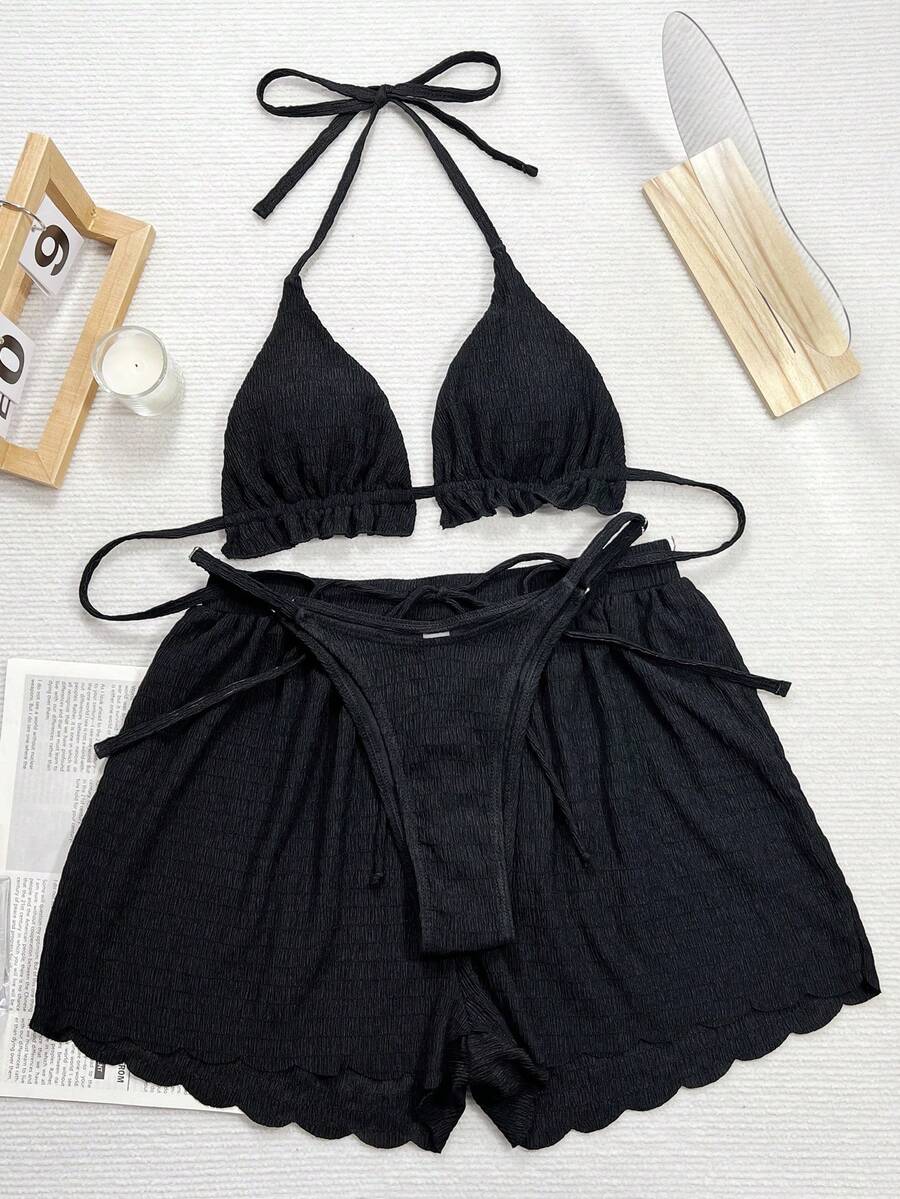 Women's 3-piece frill trim bikini set with halter tie-back top and high waist bottoms.