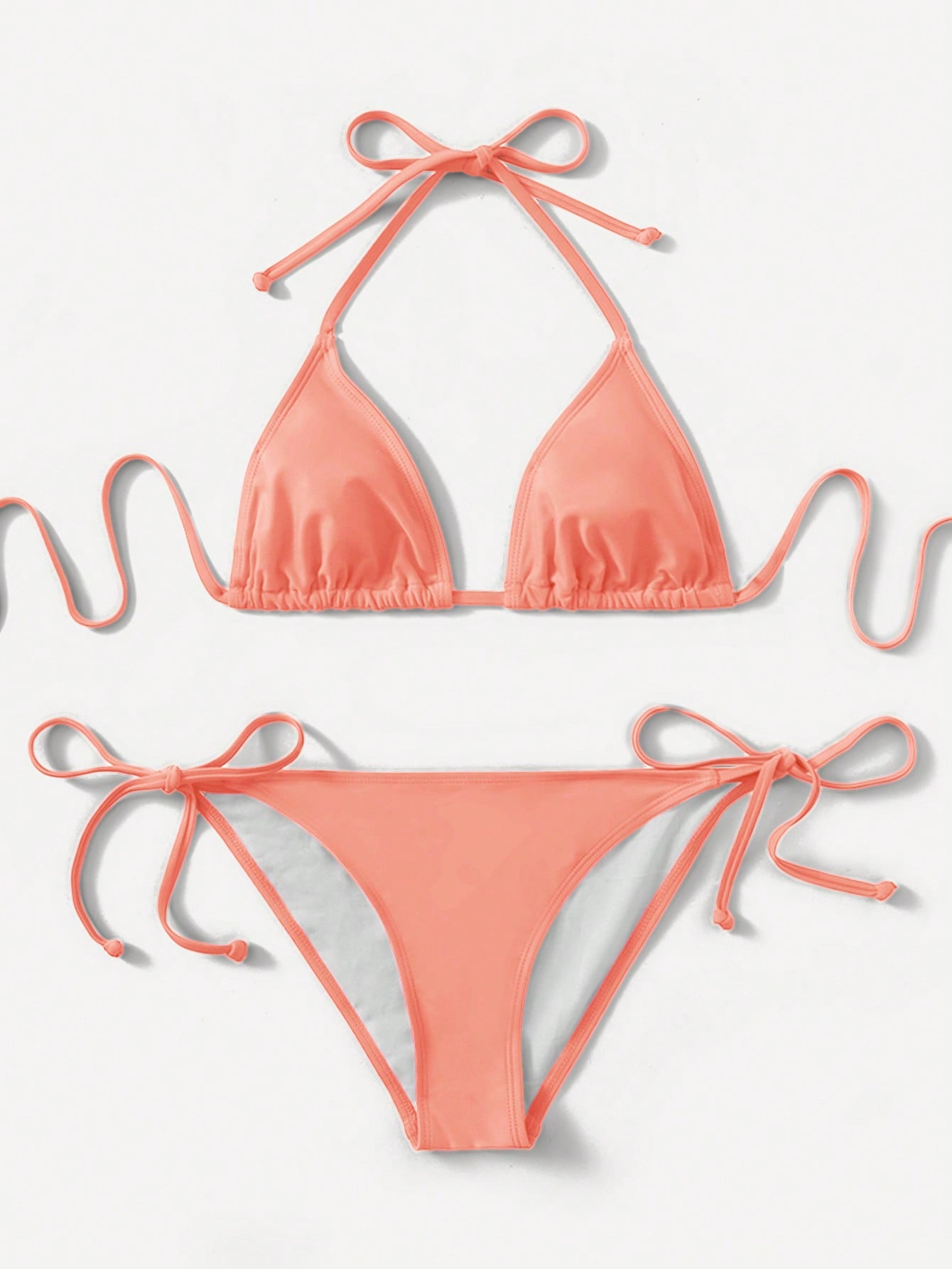 Women's high waist halter tie bikini swimwear set featuring triangle cups, wireless bra with removable padding, and tie side bottoms.