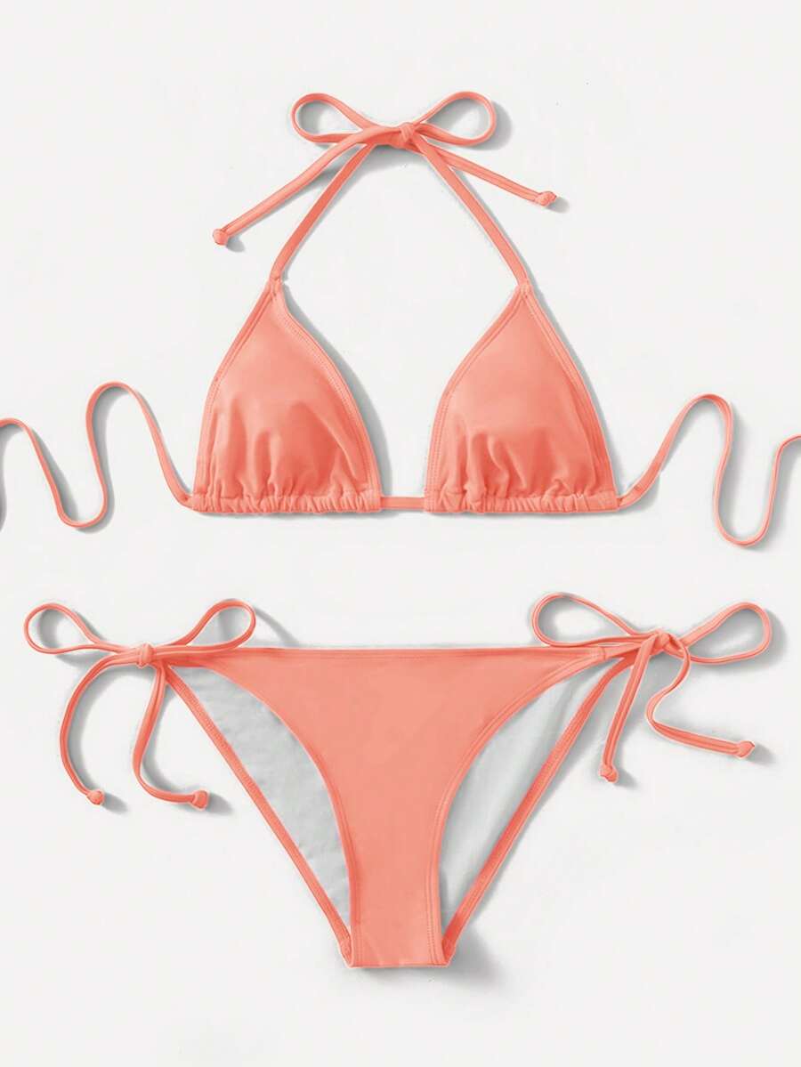 Women's high waist halter tie bikini swimwear set featuring triangle cups, wireless bra with removable padding, and tie side bottoms.