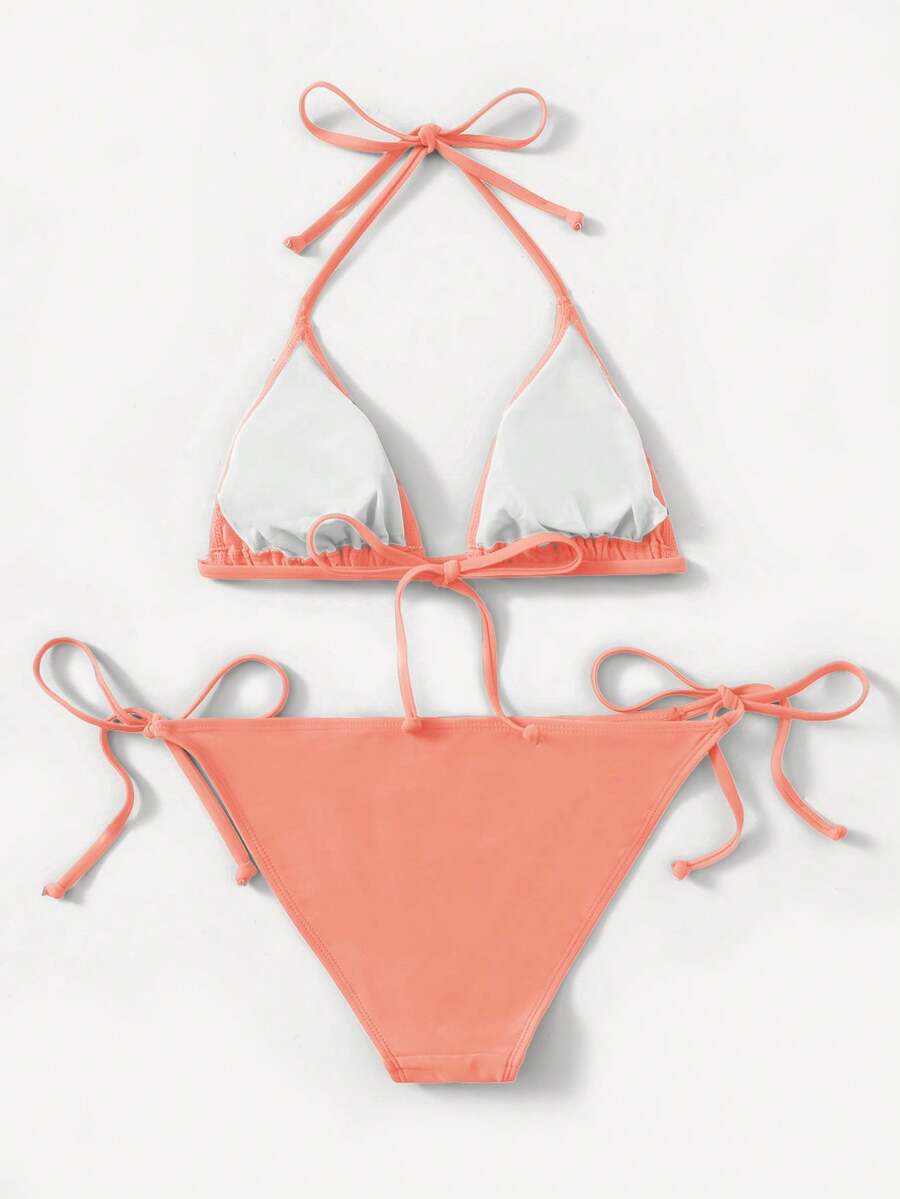 Women's high waist halter tie bikini swimwear set featuring triangle cups, wireless bra with removable padding, and tie side bottoms.