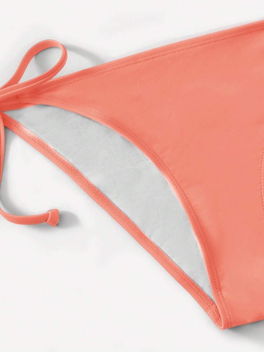 Women's high waist halter tie bikini swimwear set featuring triangle cups, wireless bra with removable padding, and tie side bottoms.