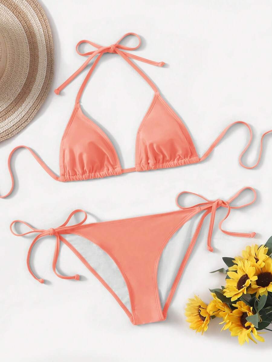 Women's high waist halter tie bikini swimwear set featuring triangle cups, wireless bra with removable padding, and tie side bottoms.
