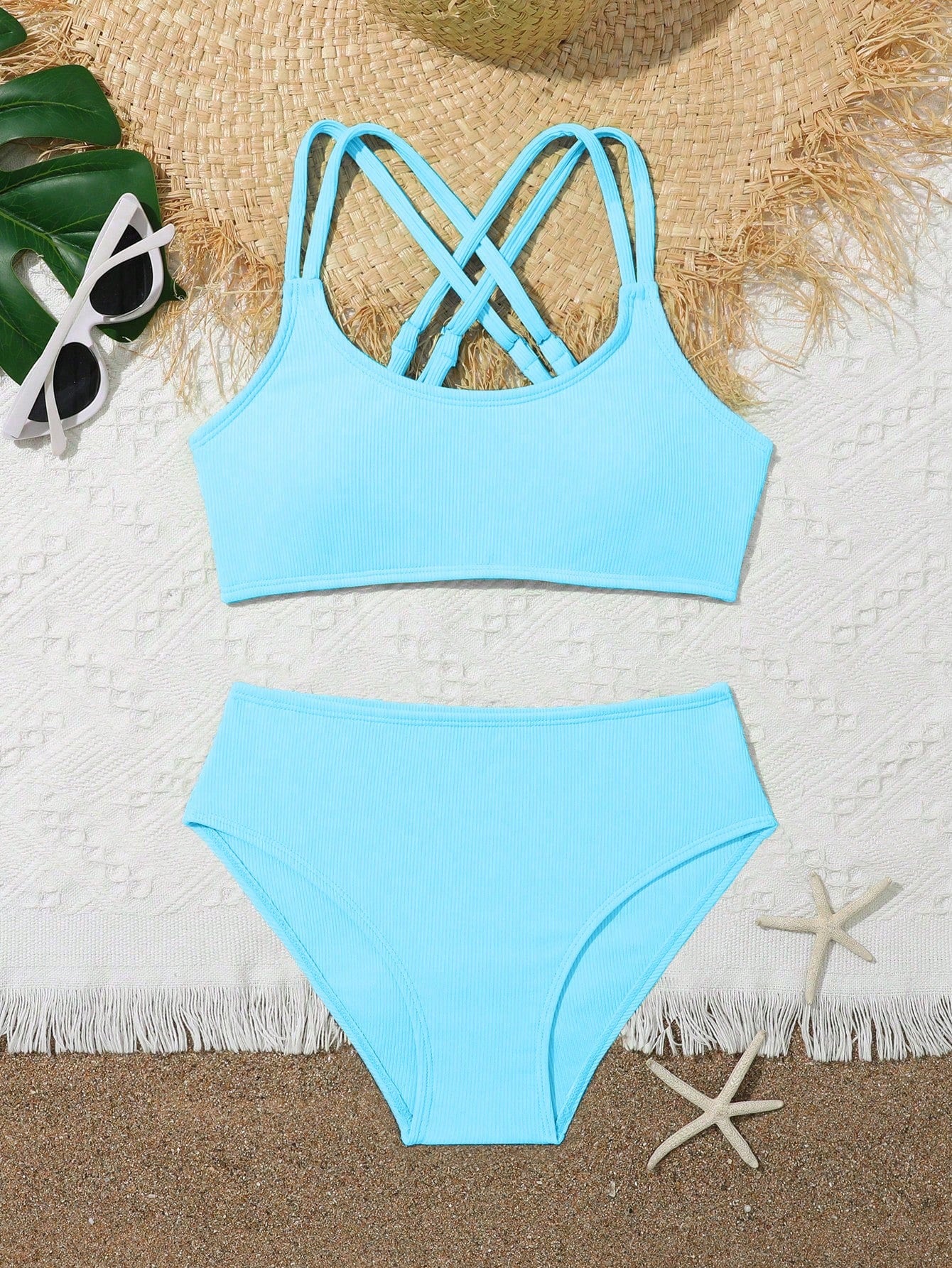 Tween Girls Bikini Sets Orange Summer Modest Activewear Beach Holiday,Knitted Ribbed Two Pieces Swimwear Crisscross Back Tank Top With Briefs Set