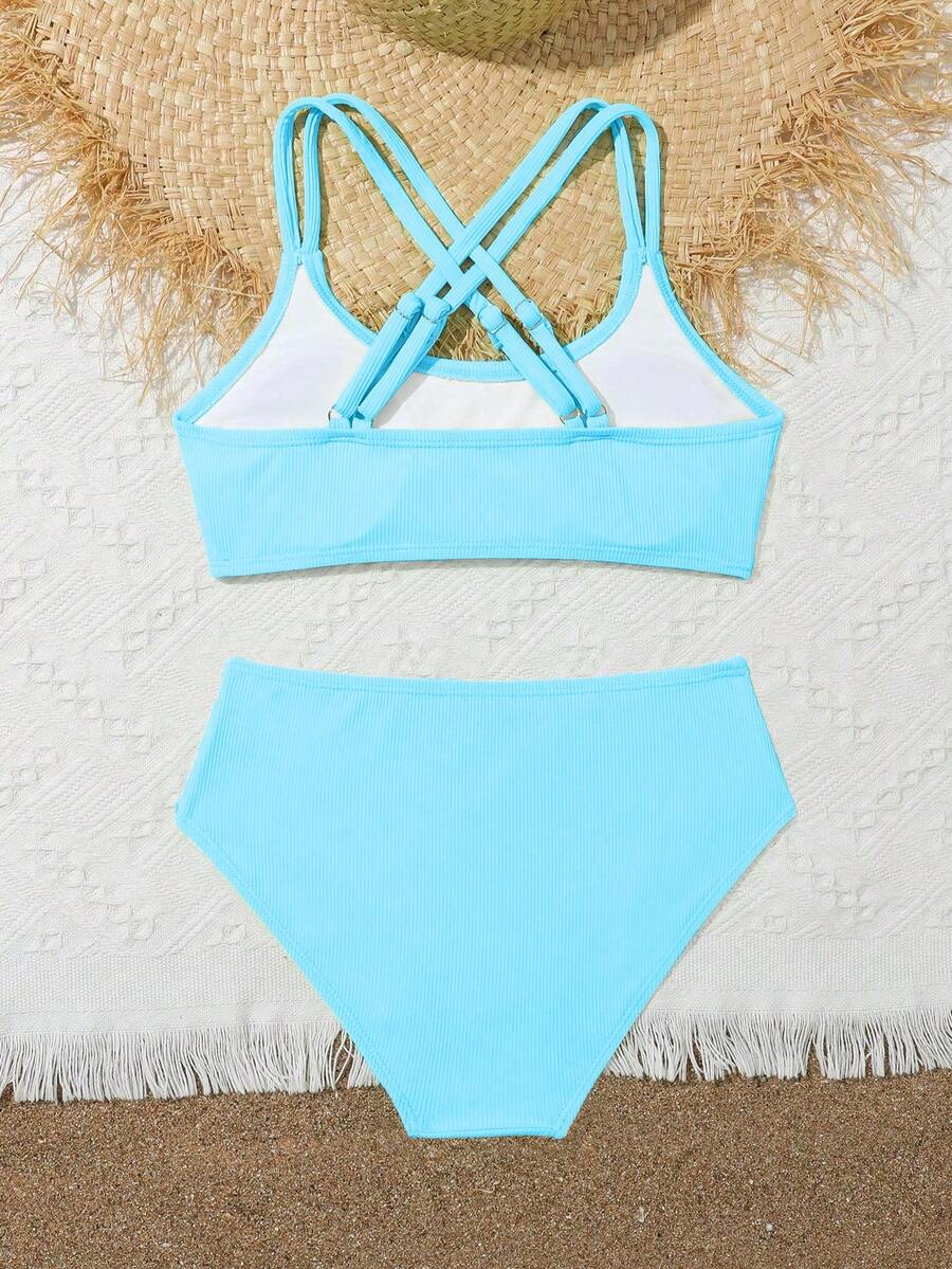 Tween Girls Bikini Sets Orange Summer Modest Activewear Beach Holiday,Knitted Ribbed Two Pieces Swimwear Crisscross Back Tank Top With Briefs Set